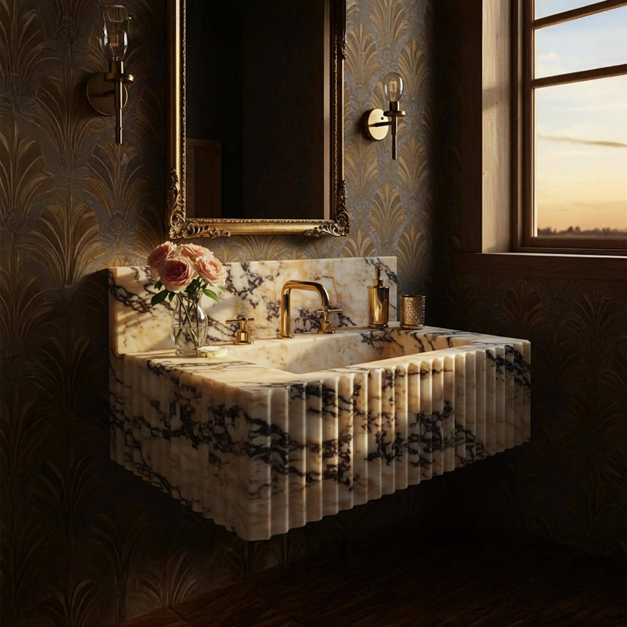 This wall-mounted vanity features dramatic fluted marble in Amber Viola tones with a seamless backsplash for a bold, sculptural presence.