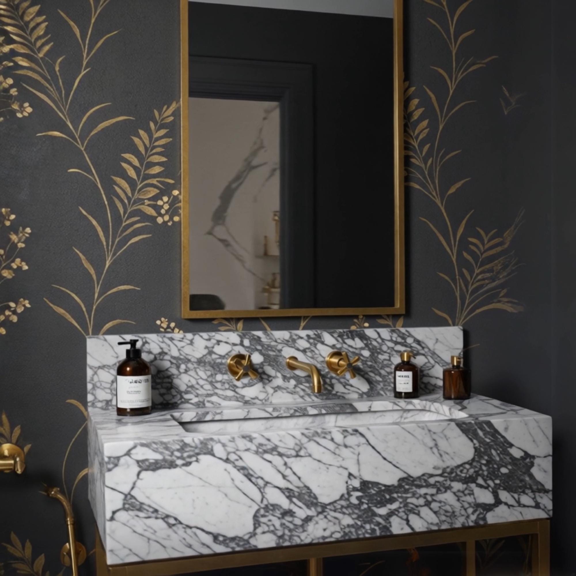 A sculptural Arabescato marble console sink with clean geometry, highlighted by expressive veining and a warm brass frame.
