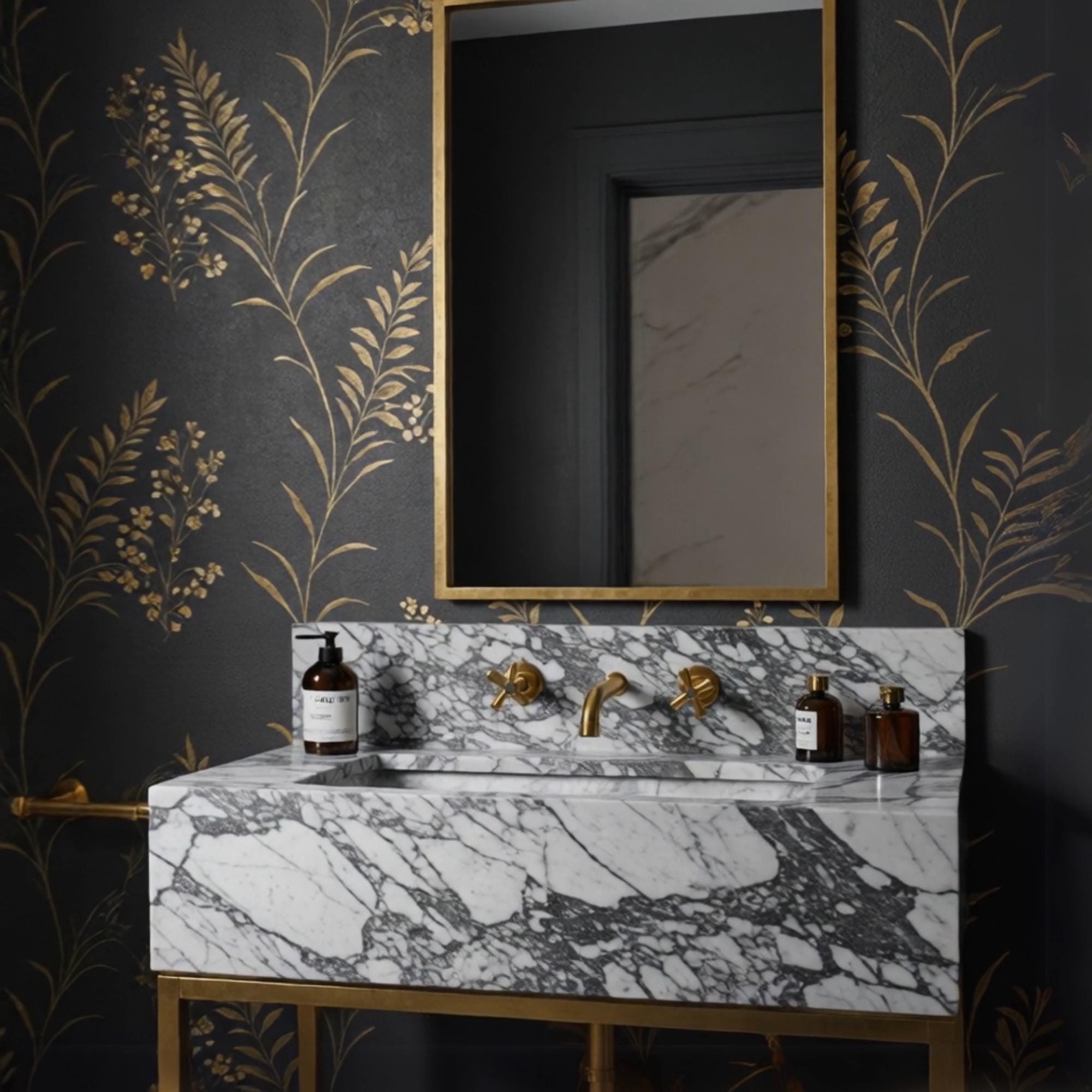 An Arabescato marble console sink crafted from natural stone, featuring dramatic veining and a refined brass stand in a luxury interior.
