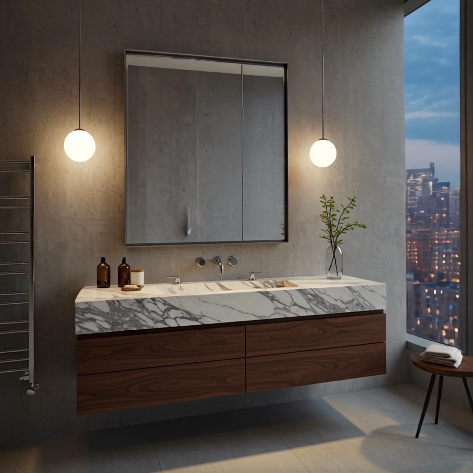 A floating Arabescato marble vanity with clean lines, highlighting expressive stone veining and rich walnut cabinetry.
