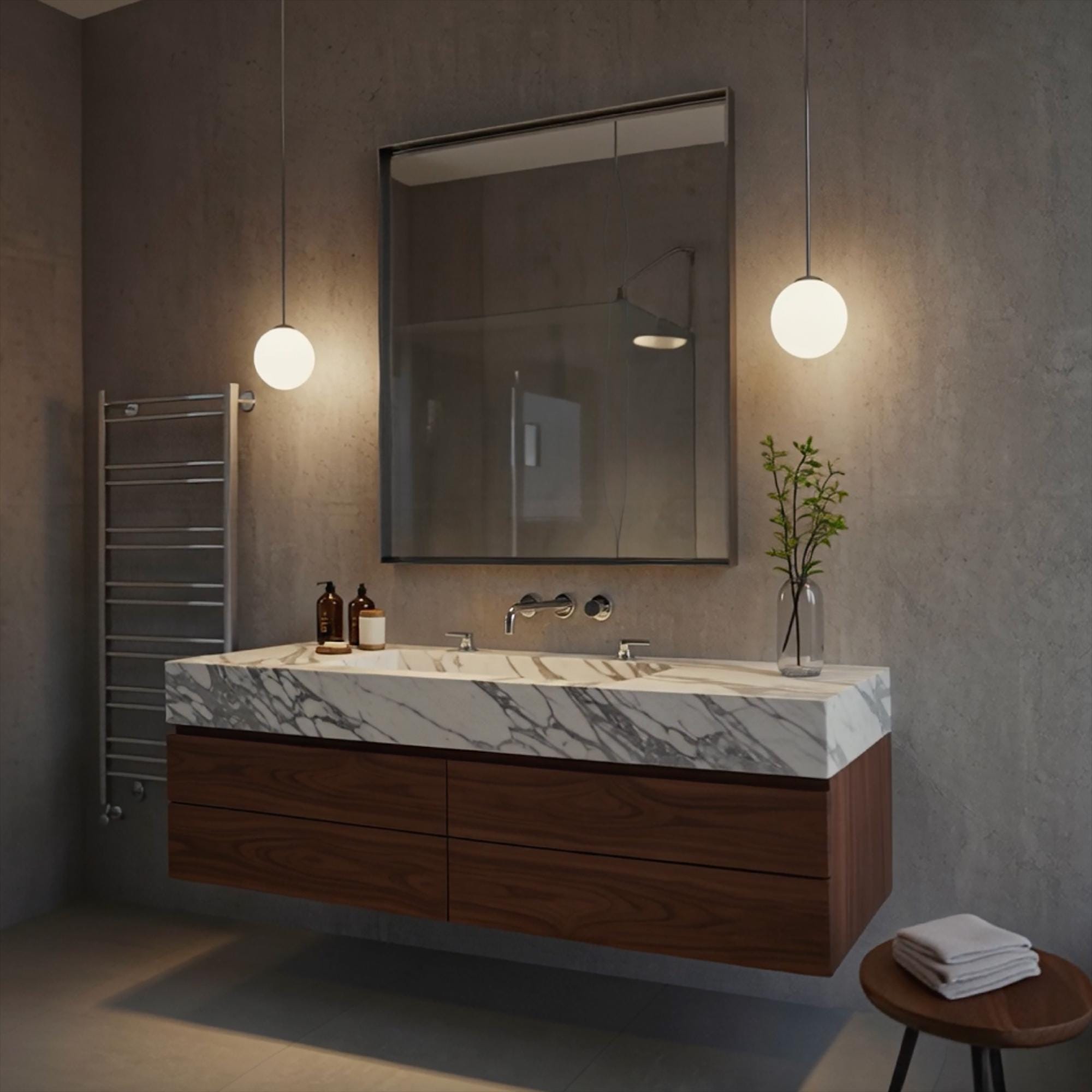 A sculptural Arabescato marble floating vanity paired with a walnut cabinet, offering a timeless and elegant bathroom design.
