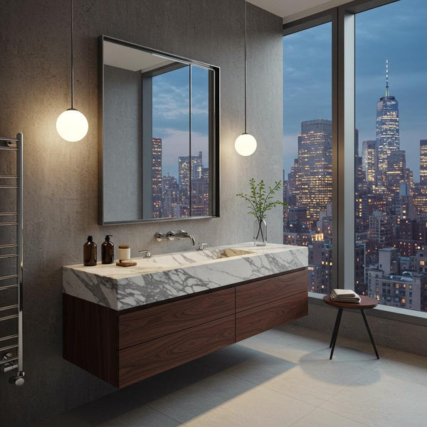 Arabescato Marble Floating Vanity (Walnut Cabinet) M9F004