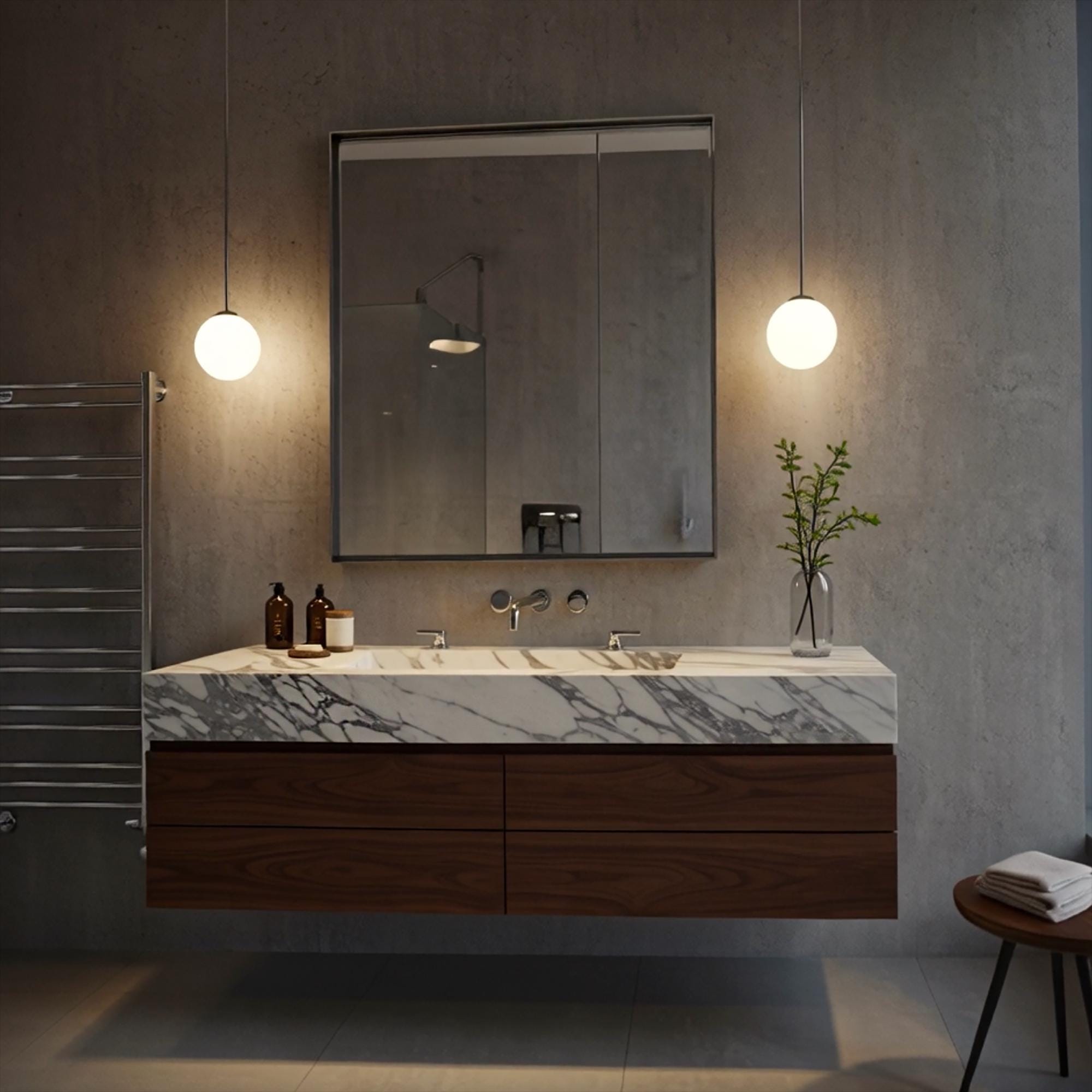 An Arabescato marble floating sink vanity styled with walnut drawers and minimalist accessories in a calm, contemporary bathroom.
