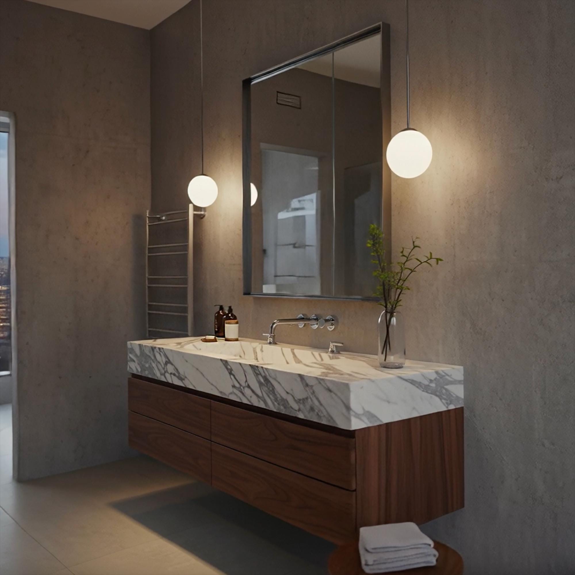An Arabescato marble vanity with pronounced gray veining, presented as a floating design with smooth walnut cabinet fronts.
