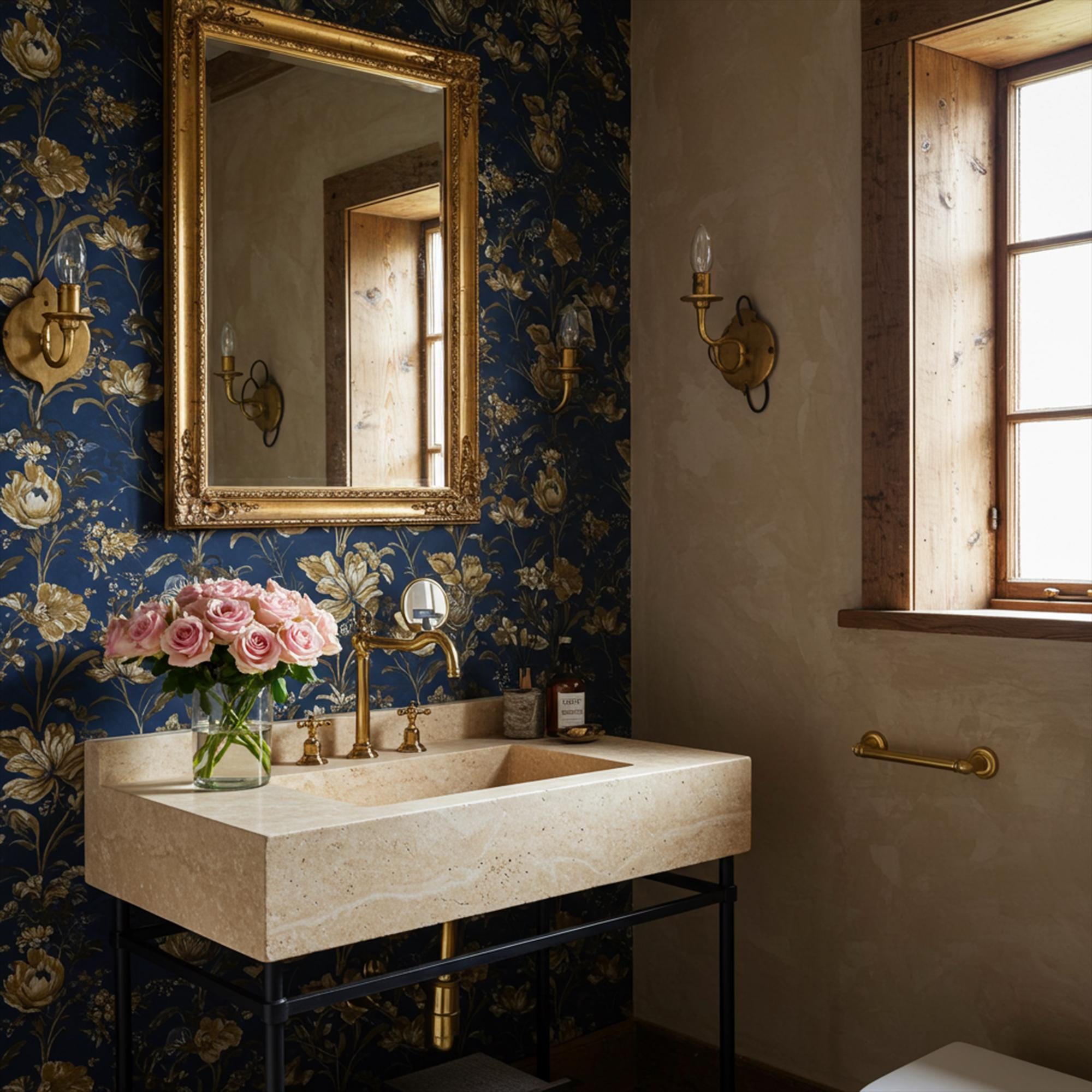A beige travertine console sink with a rectangular basin, supported by a black metal stand and paired with brass fixtures in an elegant bathroom setting.
