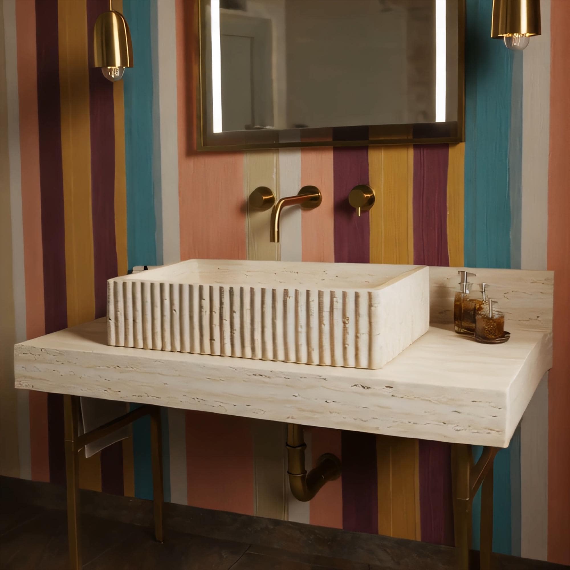 A sculptural fluted travertine console sink with clean lines, highlighting the natural texture of stone and elegant brass support.
