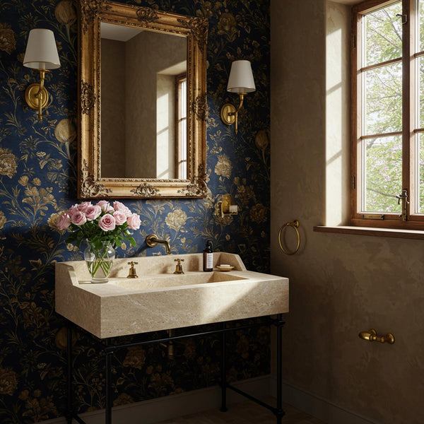 Beige Travertine Console Sink (Black Metal Stand) M9M42