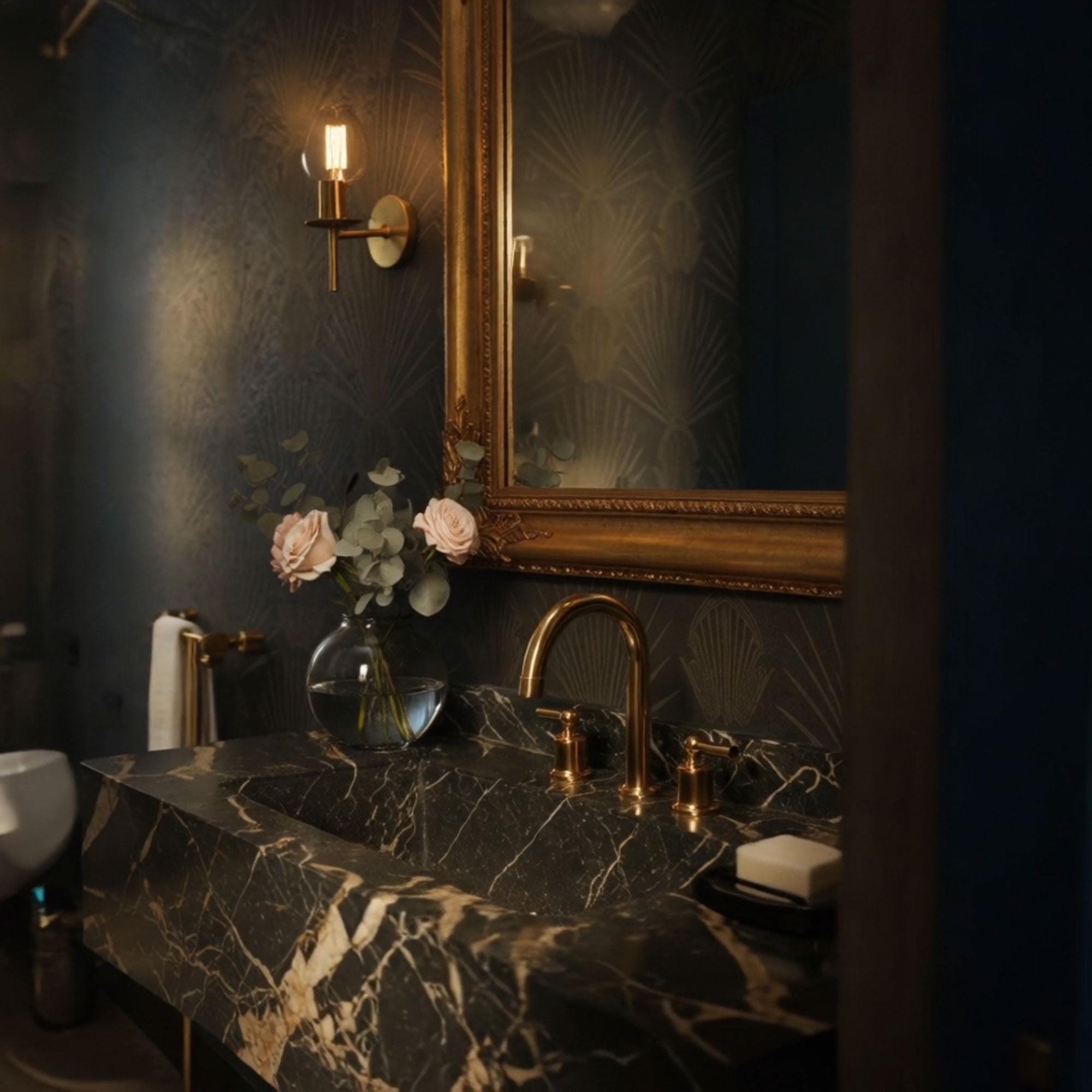 A sculptural Nero Portoro marble integrated vanity with bold gold veining, creating a striking focal point in a sophisticated interior.
