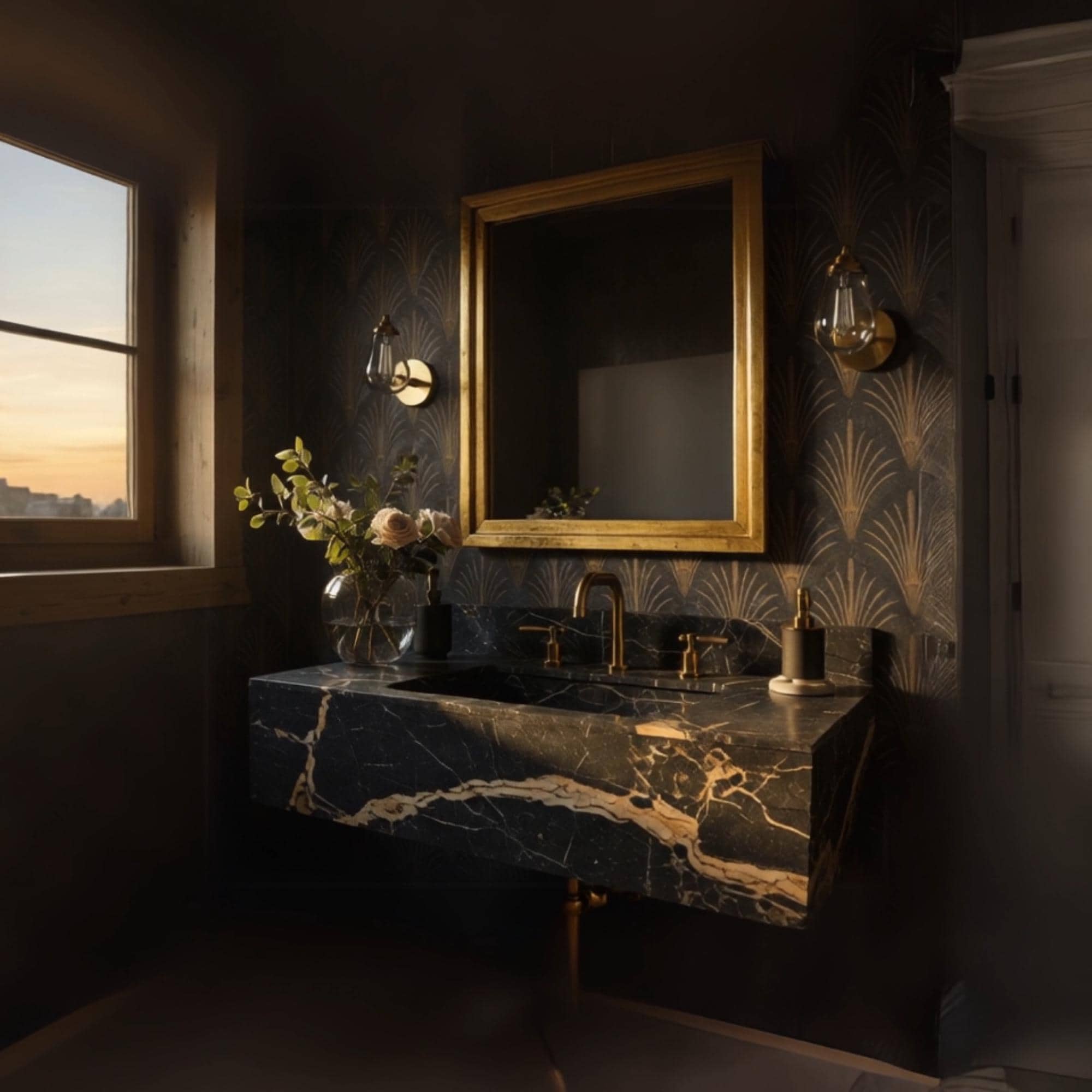 A sculptural Nero Onyx marble floating vanity with bold gold veining, creating a dramatic focal point in a sophisticated bathroom space.
