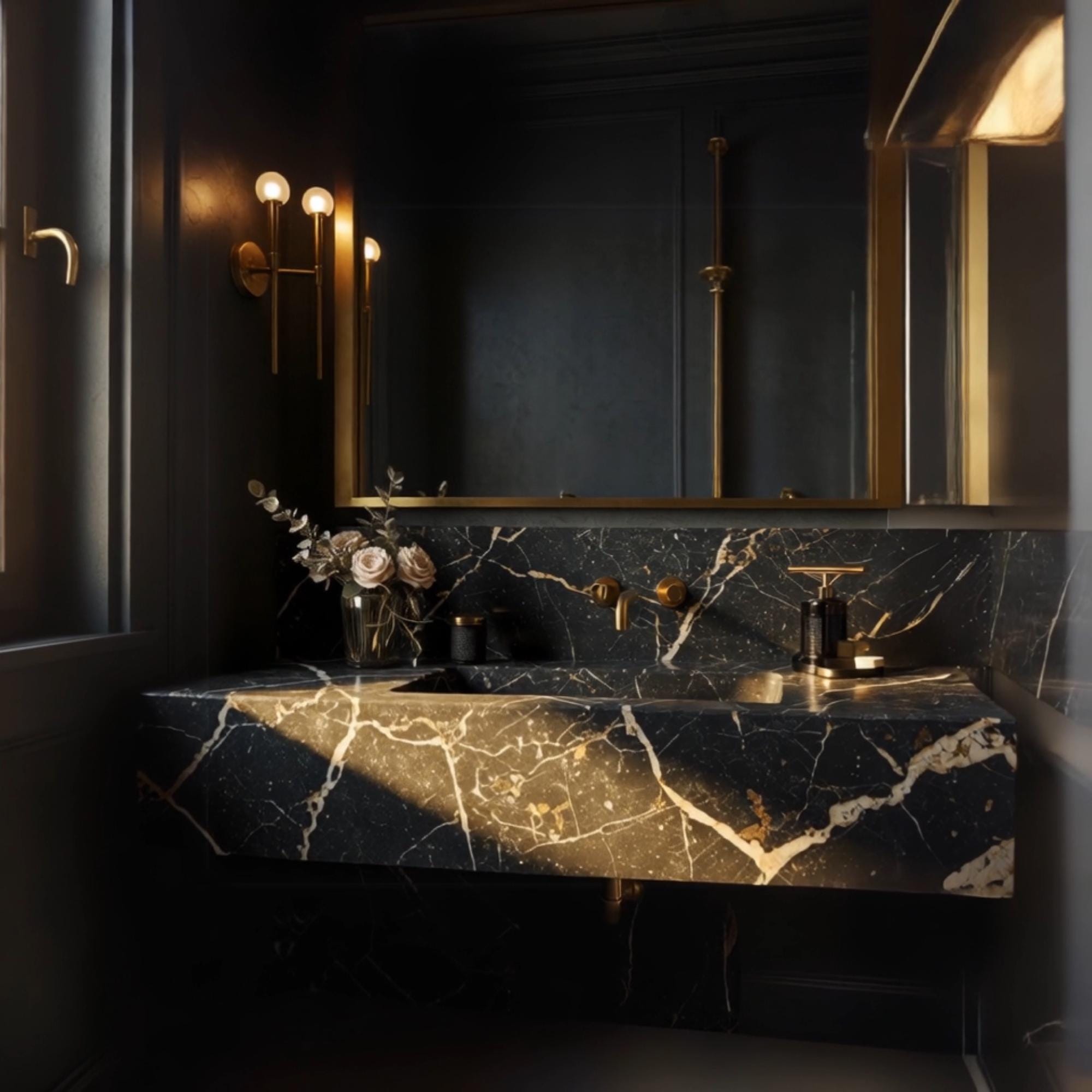 A sculptural Pietre Notte marble floating vanity with bold gold veining, creating a striking focal point in a sophisticated bathroom space.
