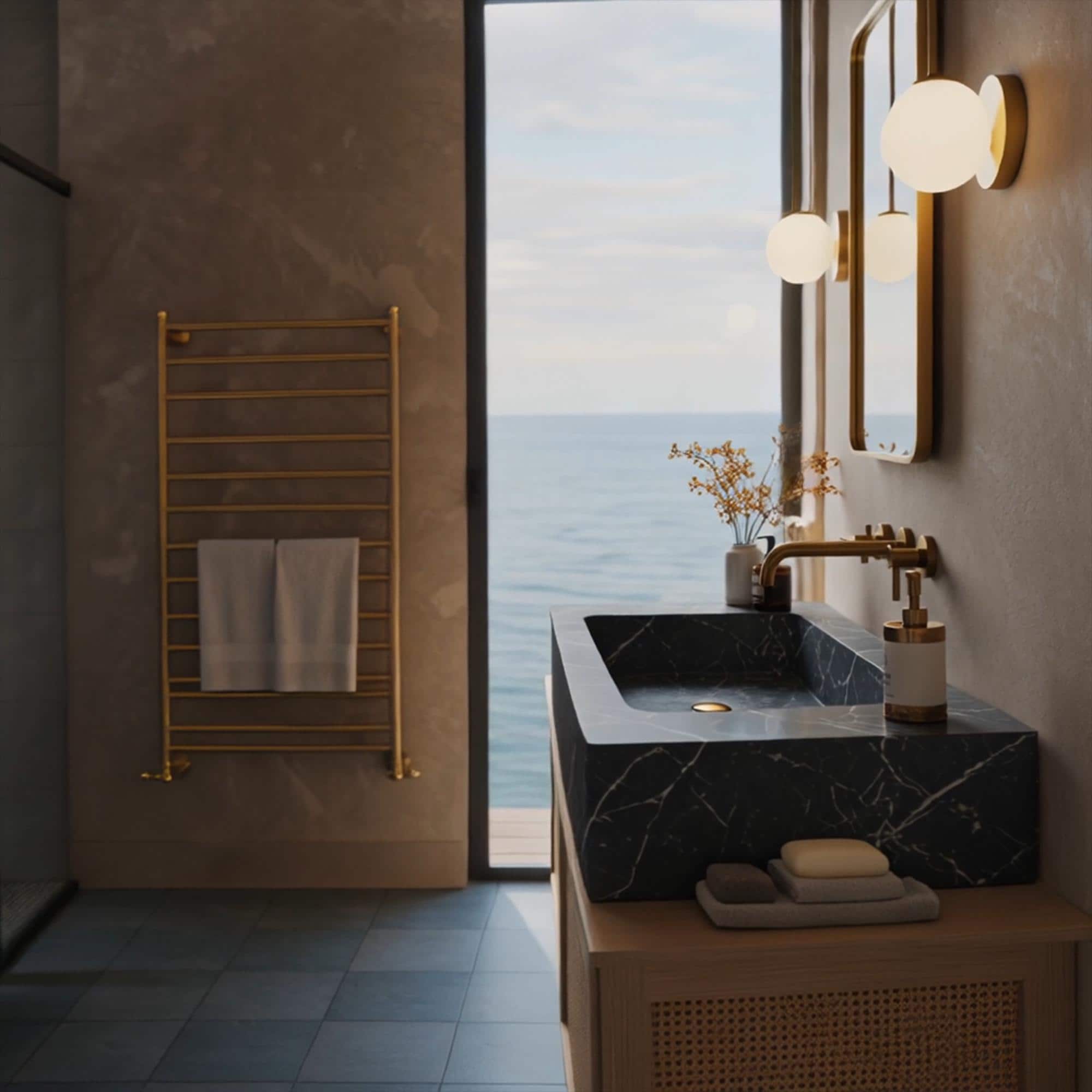 This fluted black marble sink rests on a floating rattan vanity, creating a bold yet organic look for refined spaces.