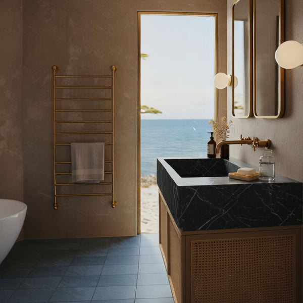 Pietre Notte Marble Fluted Sink & Rattan Floating Cabinet M9F80 hover