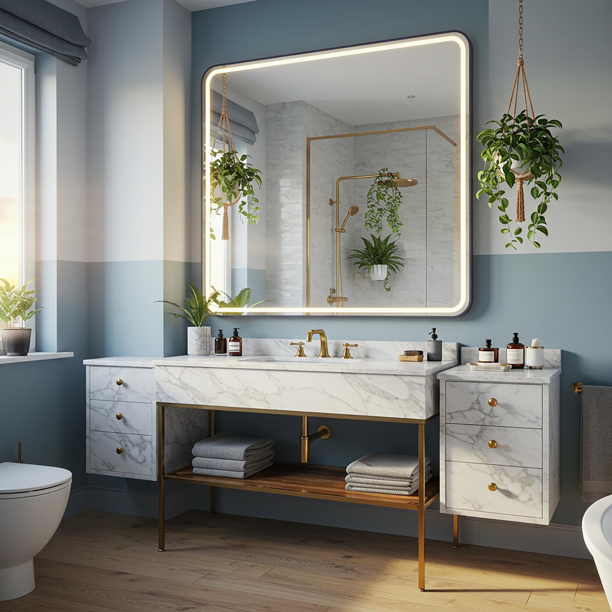 A refined bathroom vanity combining Carrara marble with ample drawer storage and a minimalist brass structure.