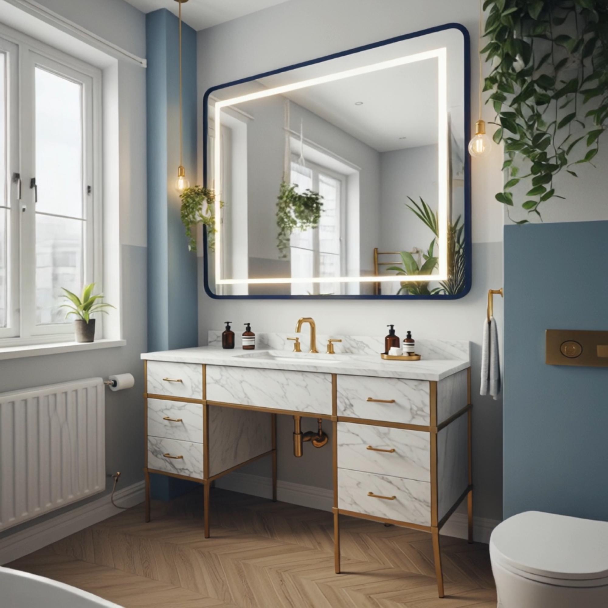 This marble vanity with a brass frame elevates any upscale bathroom with its refined, minimalist charm.