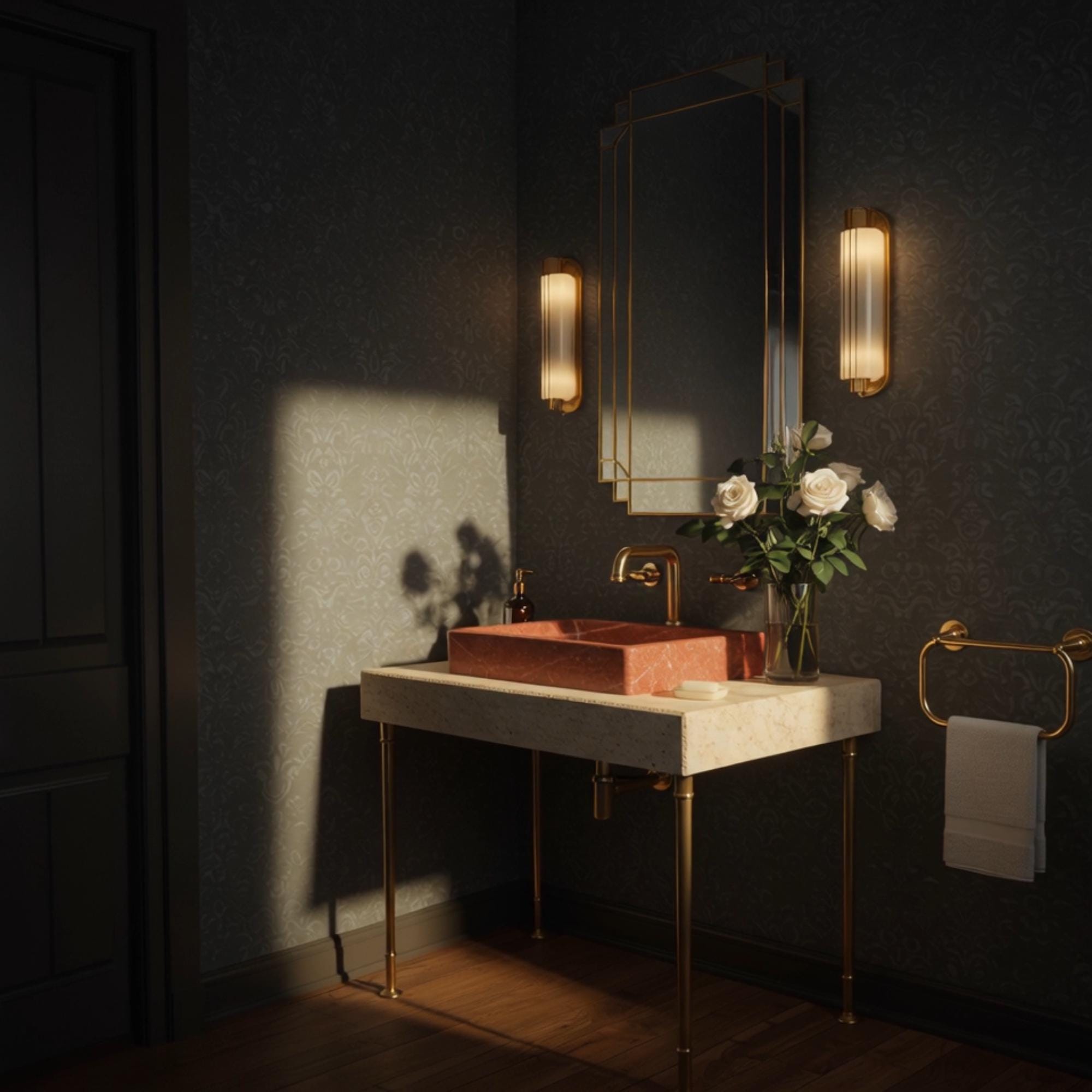 This console sink with brass legs and Rosso Levanto marble delivers a dramatic statement for high-end interiors.