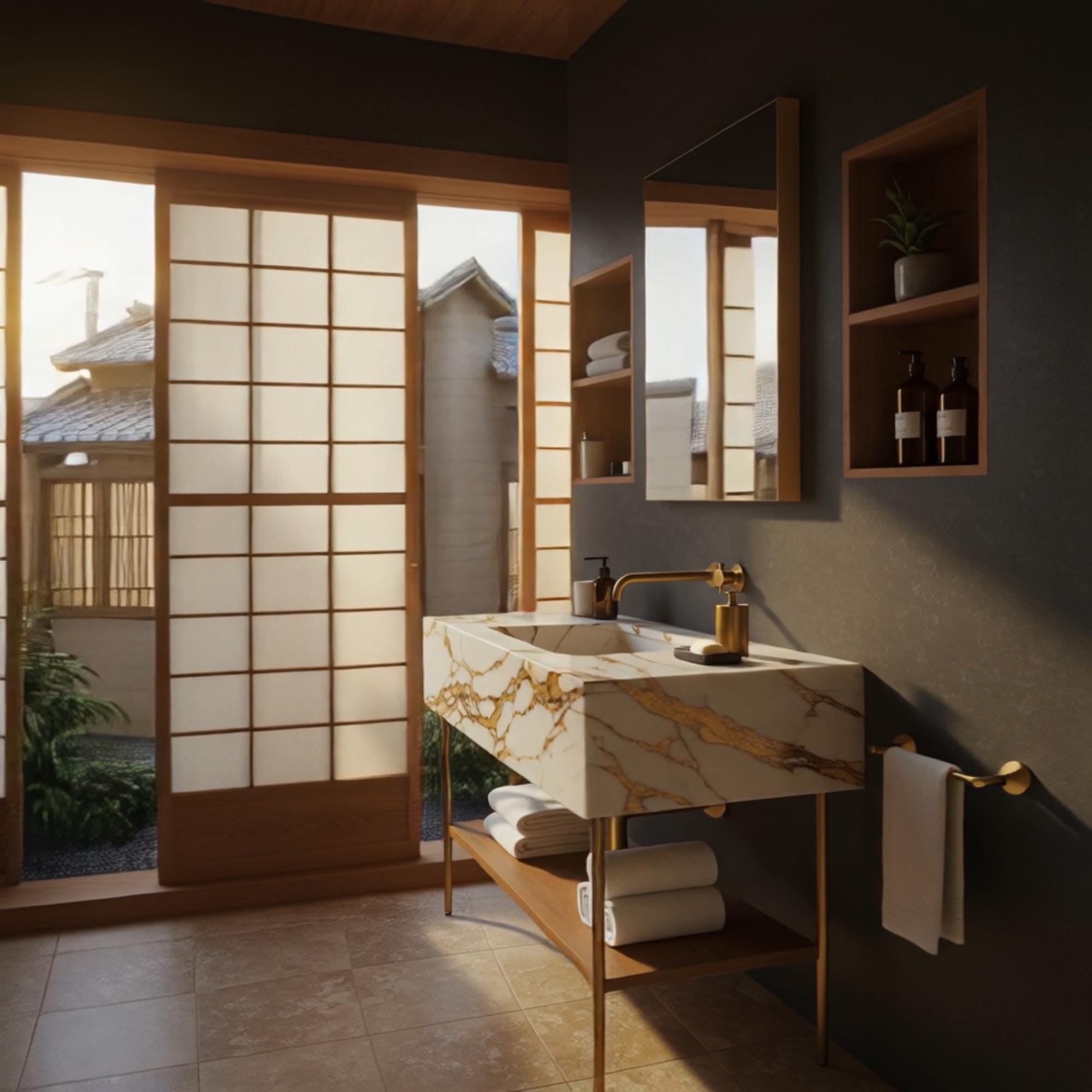 A marble vanity resting on a brass stand with a walnut open shelf, made to elevate contemporary bathroom spaces.