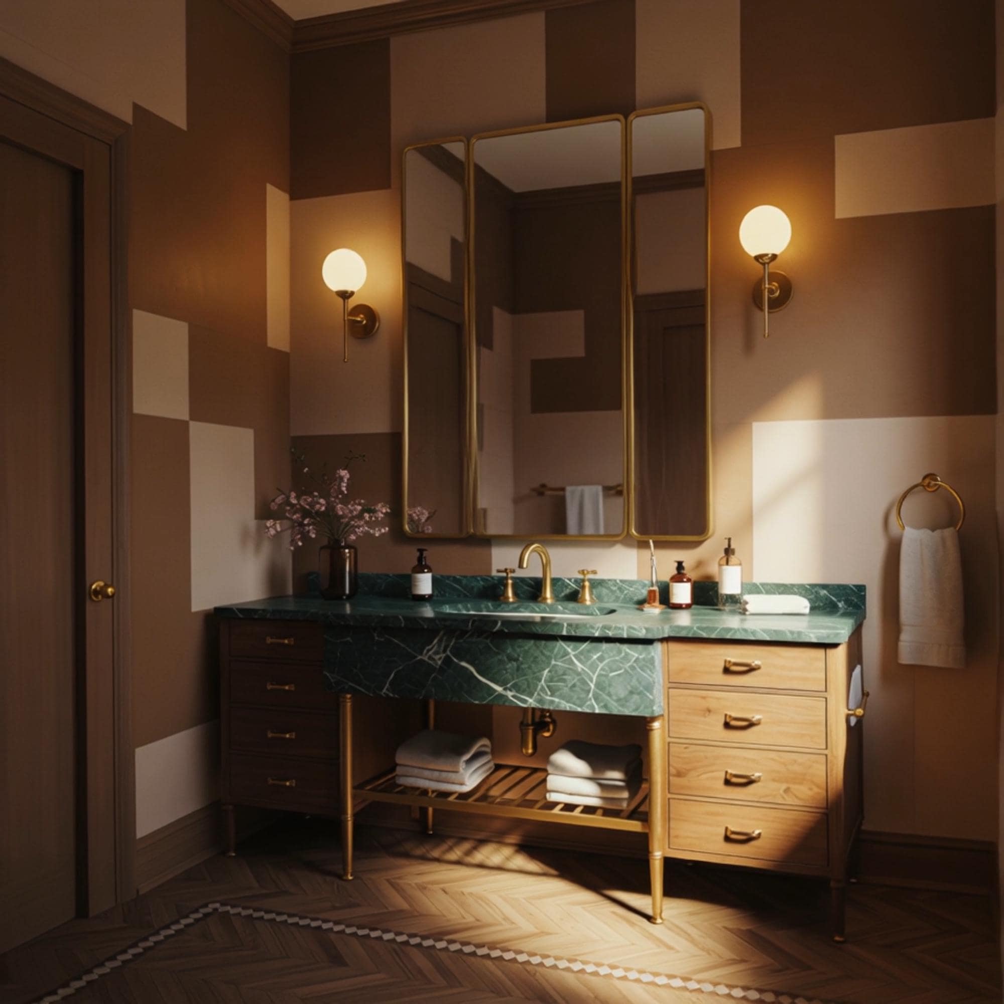 A bridge-style marble vanity that combines green stone, brass fixtures, and warm walnut for a timeless luxury statement.