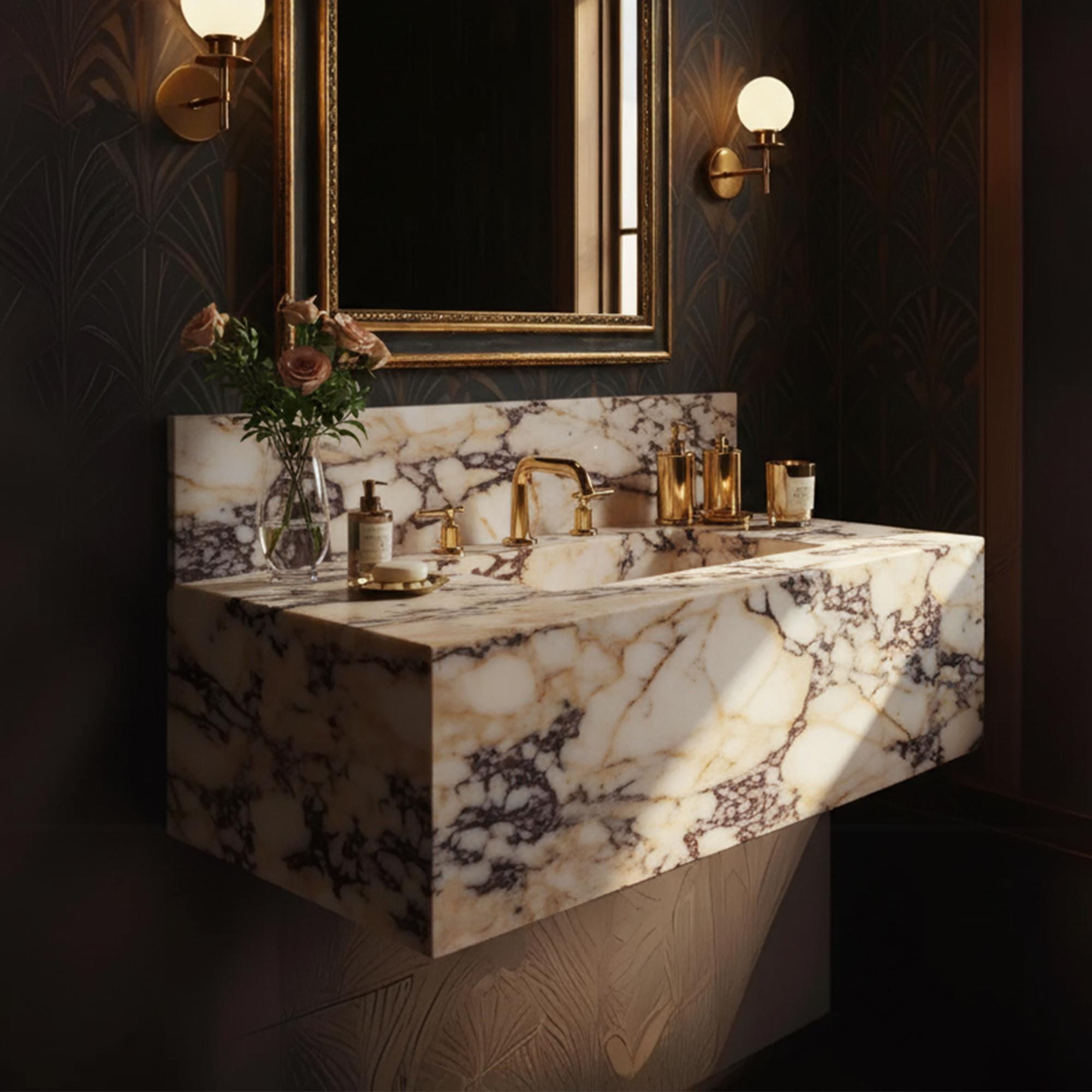 A Calacatta Amber Viola marble floating vanity with warm amber and violet veining, featuring an integrated backsplash and brass fixtures in an elegant bathroom setting.

