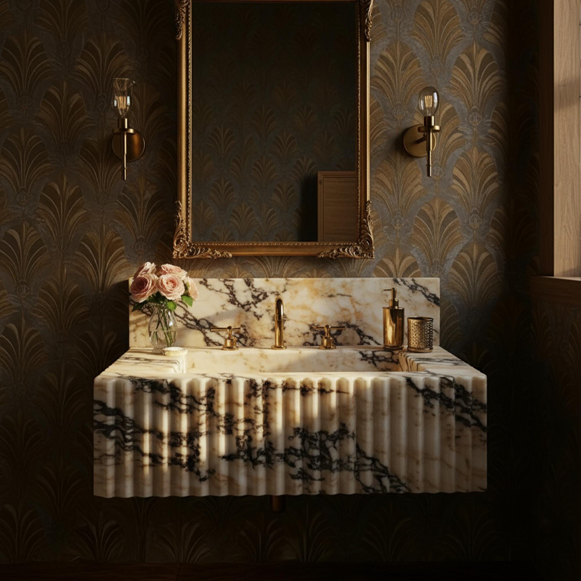 A fluted floating vanity carved from Calacatta Amber Viola marble, complete with an integrated backsplash for timeless luxury.