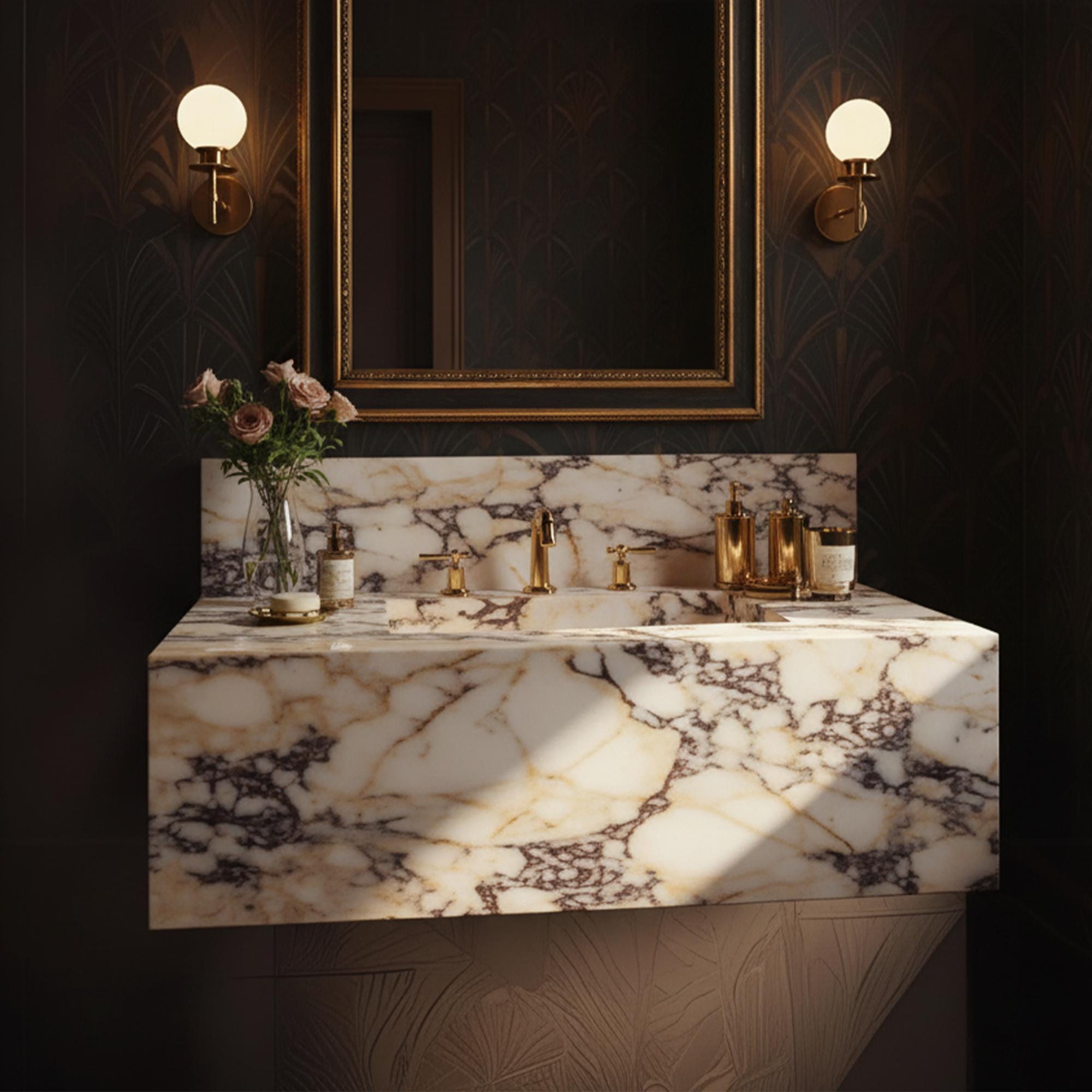 A sculptural Calacatta Amber Viola marble floating vanity with integrated backsplash, highlighting rich natural veining and refined architectural lines.
