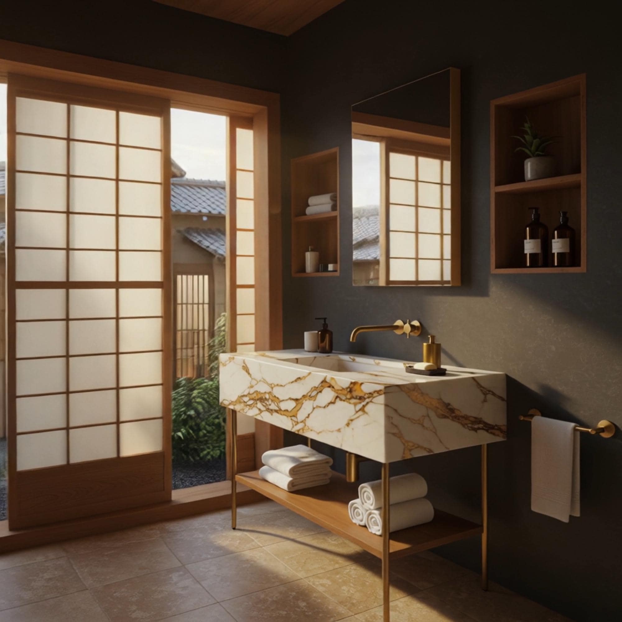 This bathroom sink showcases bold Calacatta veining with a walnut shelf and golden brass stand for a refined natural look.