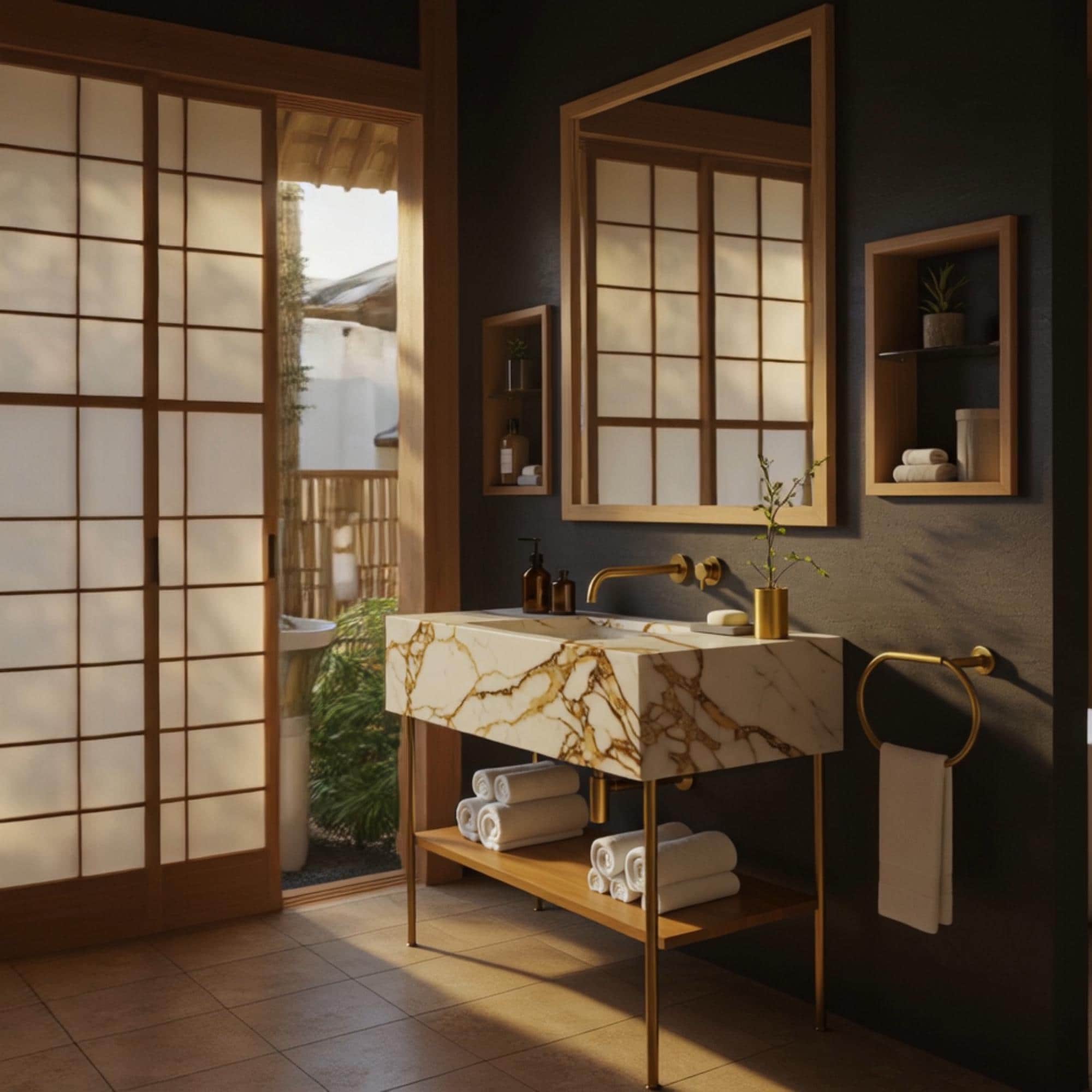 Bespoke artisan console vanity with premium Calacatta Gold marble, featuring a minimalist brass frame and a functional walnut lower shelf for an airy, opulent aesthetic.