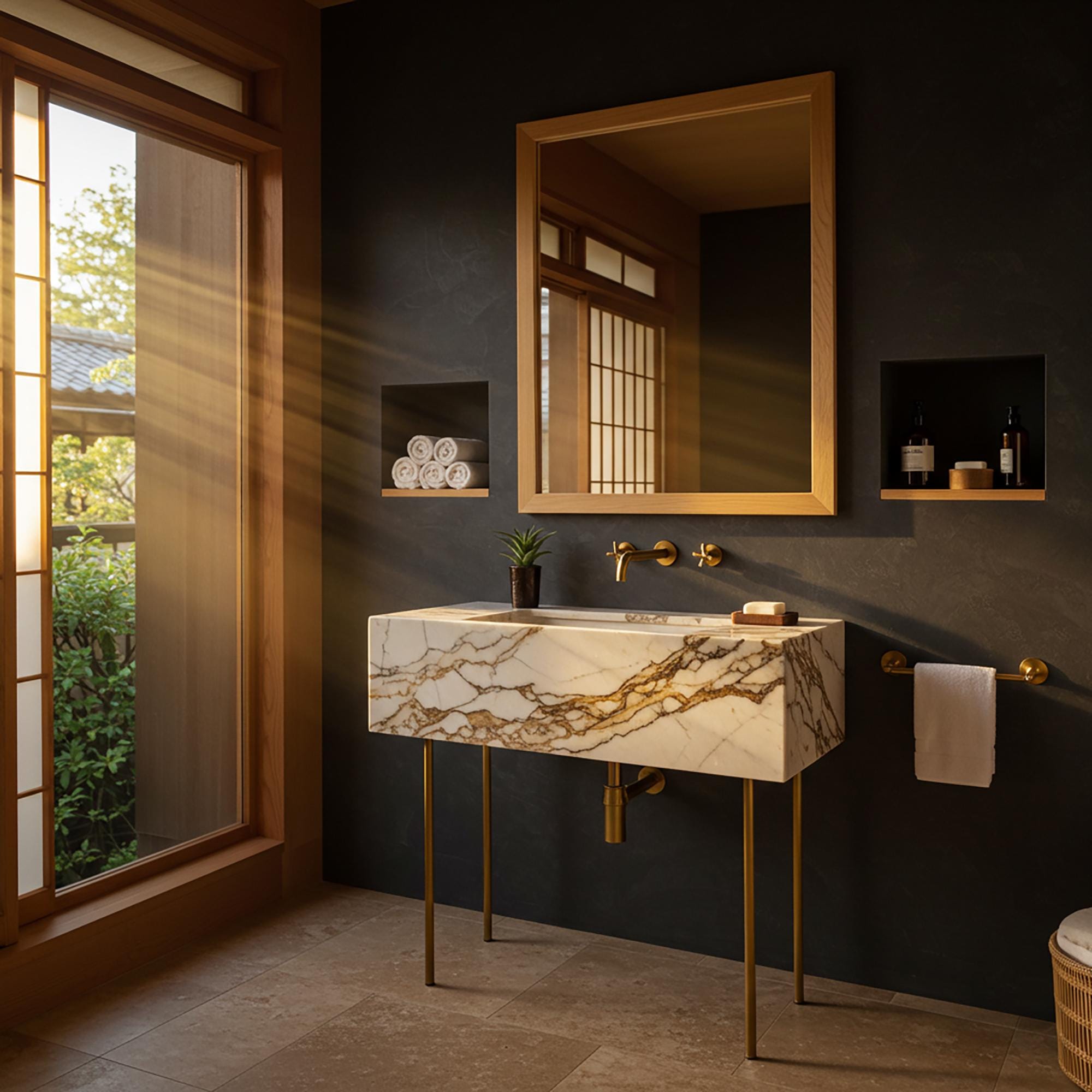 A luxurious Calacatta Gold marble sink with brass legs, designed to bring timeless elegance to modern bathrooms.