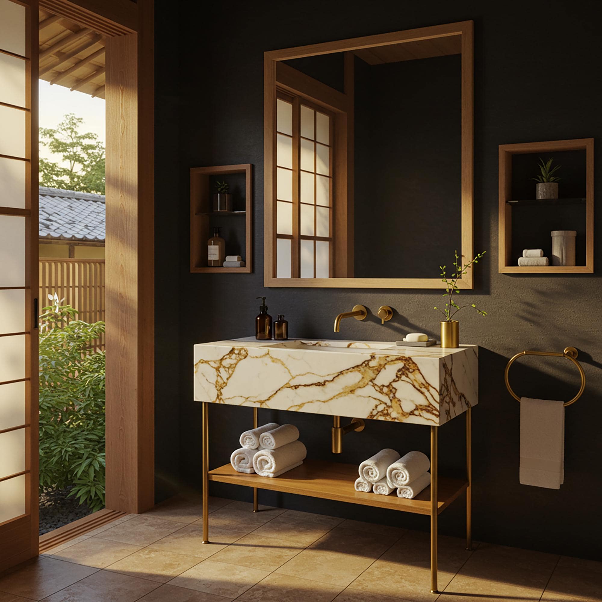 Luxury Calacatta Gold marble console sink featuring dramatic gold veining, supported by a sleek solid brass stand and a hand-finished walnut display shelf for a high-end transitional bathroom.