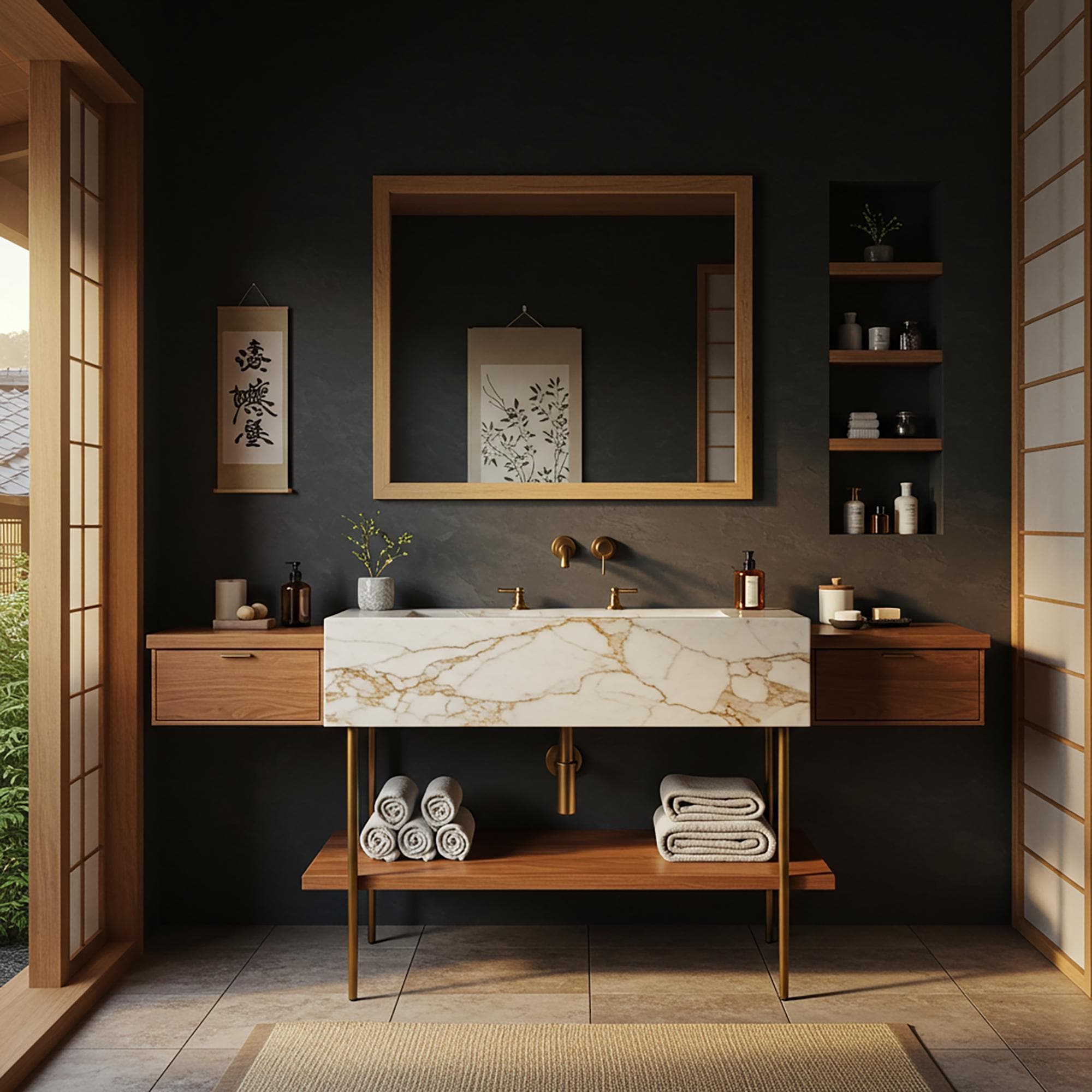 A modular vanity set featuring a Calacatta Gold marble console sink and floating wood cabinets for luxurious everyday function.