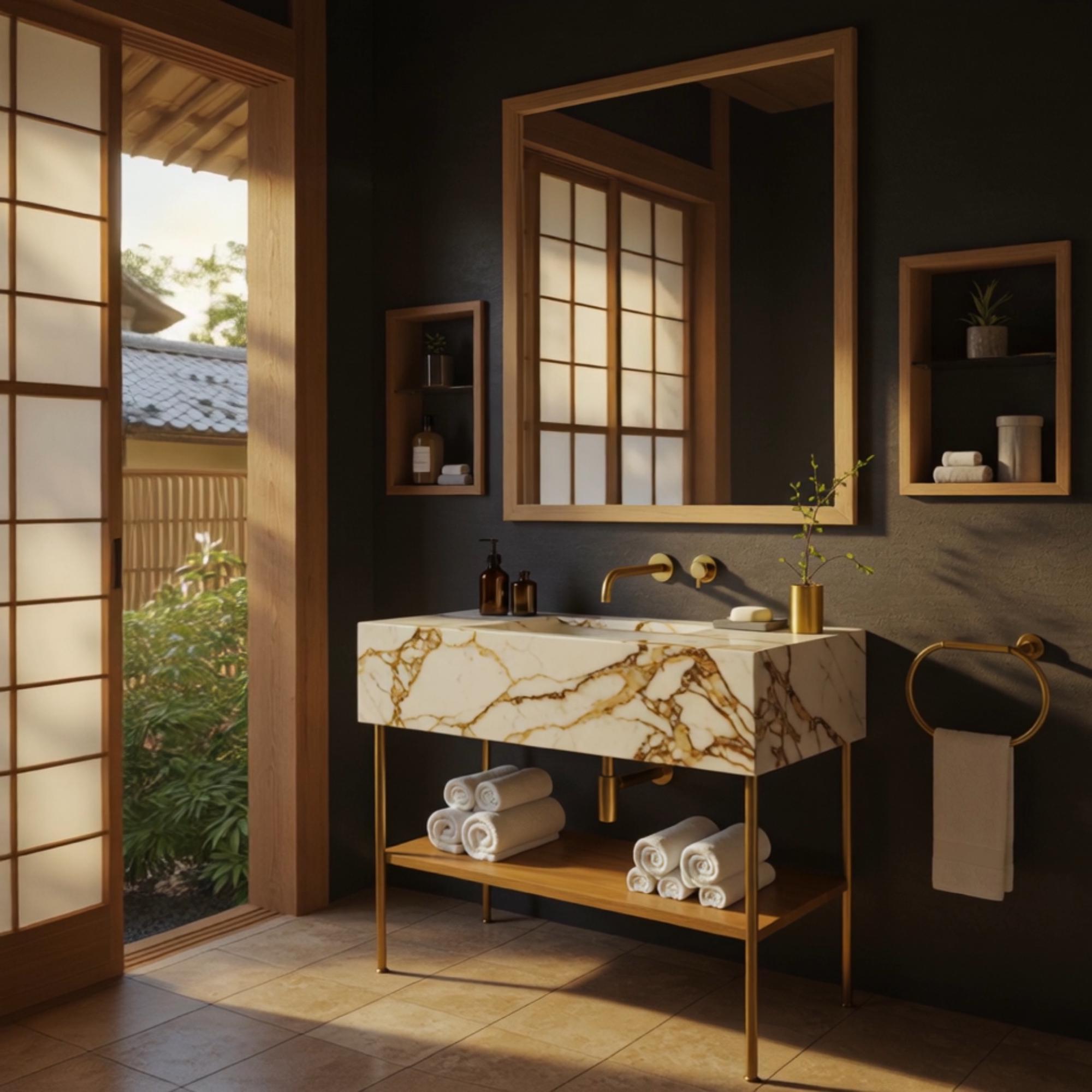 Exquisite Calacatta Gold natural stone vanity on a polished brass stand with a signature walnut shelf, curated for an elite residential spa experience.