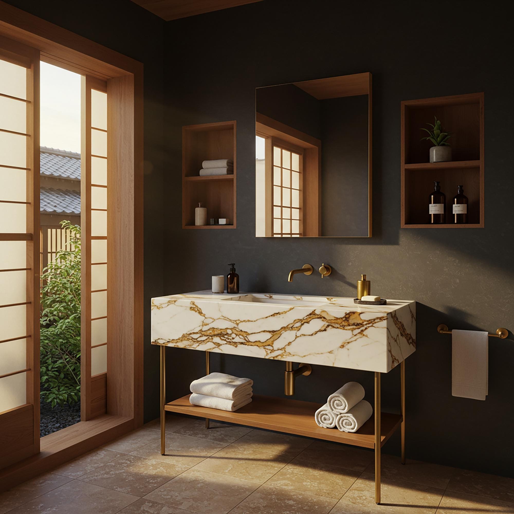 A luxurious Calacatta Gold marble console sink with a brass stand and walnut shelf, designed for warm, elegant interiors.