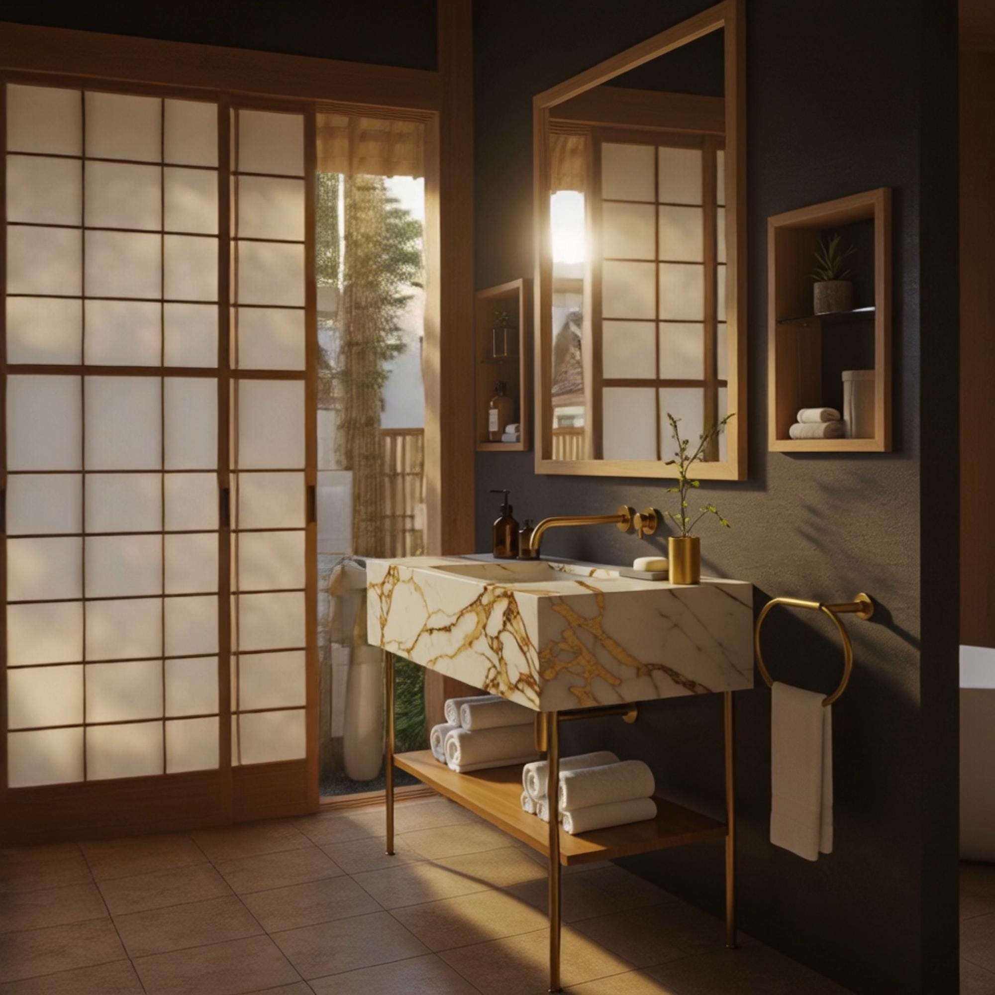 A sophisticated master bath centerpiece showcasing a thick Calacatta Gold marble basin paired with elegant brushed brass legs and organic walnut wood textures.