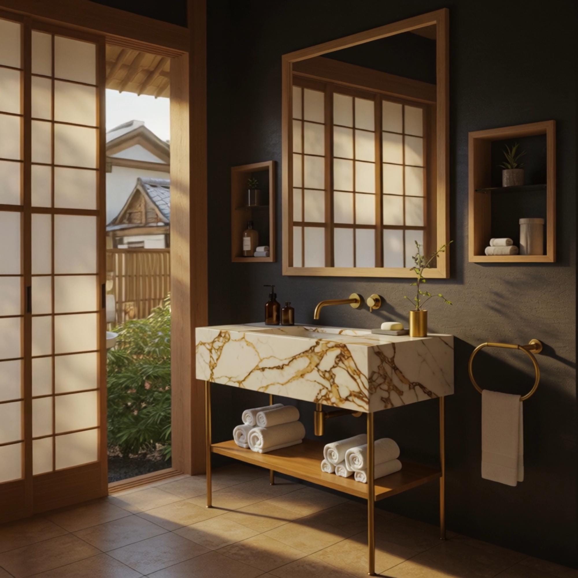 High-end Calacatta Gold marble console sink with designer brass hardware and a custom walnut shelf, embodying modern luxury and timeless architectural detail.