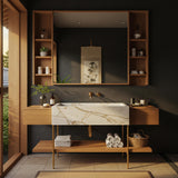 A stunning modular vanity set with Calacatta Gold marble and floating side cabinets, crafted for refined modern luxury.