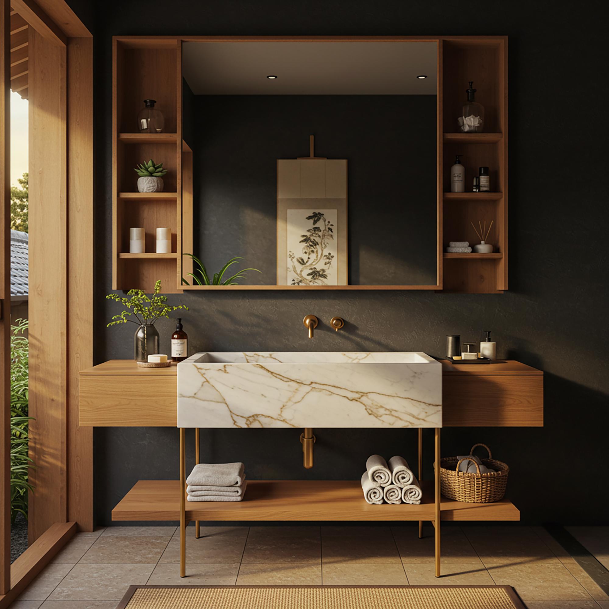 A stunning modular vanity set with Calacatta Gold marble and floating side cabinets, crafted for refined modern luxury.
