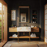 A modular vanity set with Calacatta Gold marble and floating side cabinets, designed for ultra-luxury minimalist bathrooms.