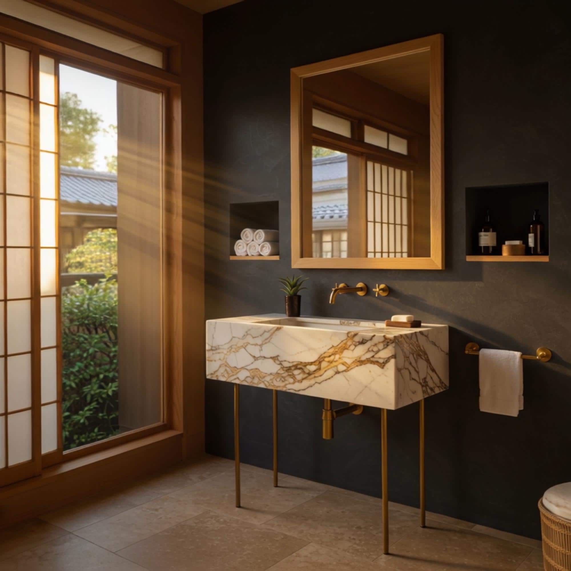 An exquisite marble vanity featuring Calacatta Gold stone and elegant brass legs, ideal for luxury living spaces.