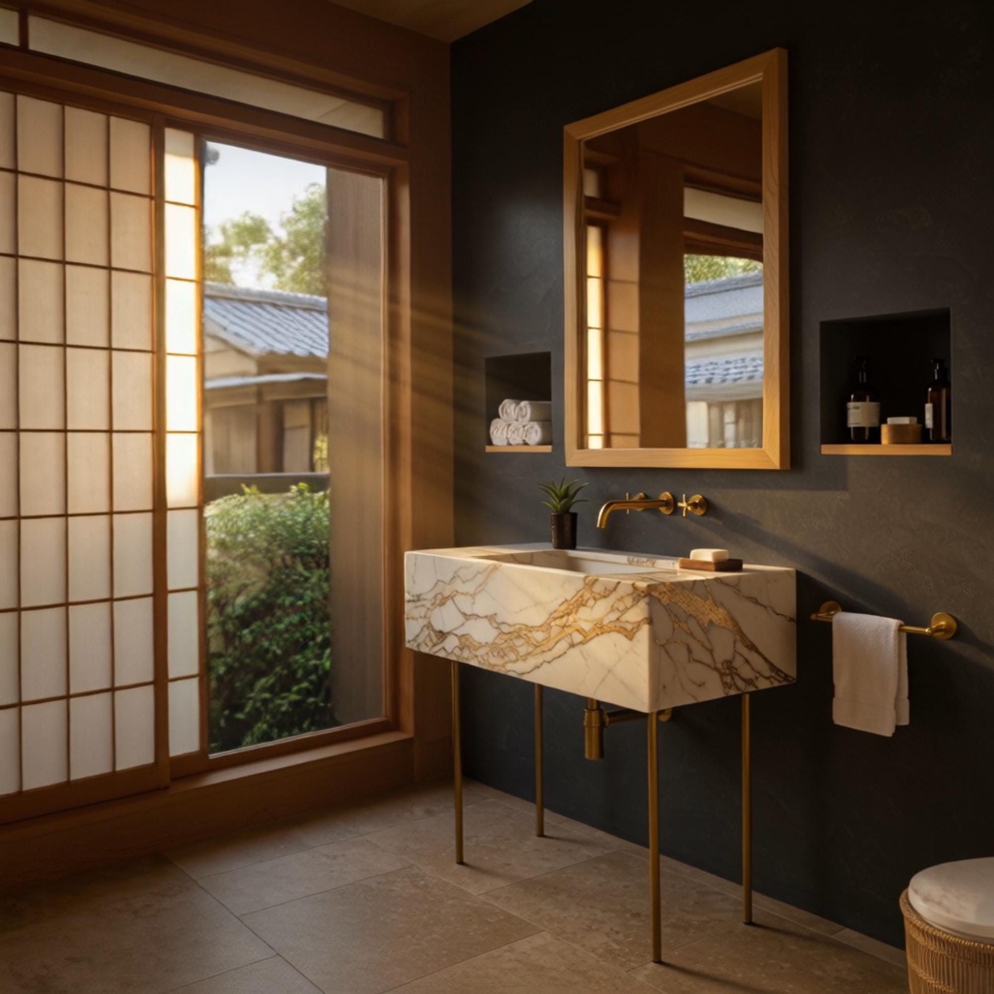 A modern marble vanity with golden legs and rich Calacatta veining, perfect for statement-making powder rooms.