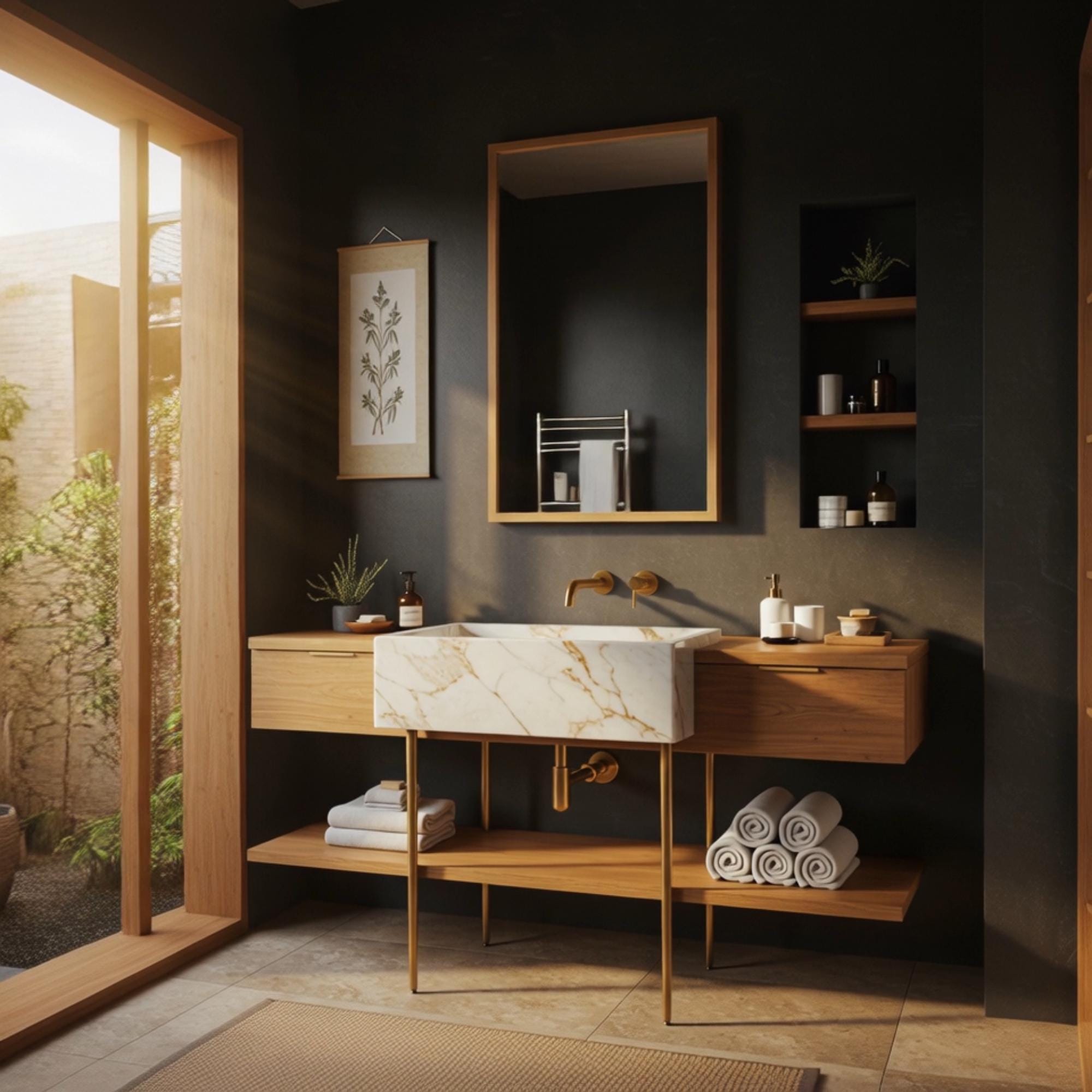 A Calacatta marble vanity unit with floating wooden storage, tailored for upscale interiors that favor clean luxury.