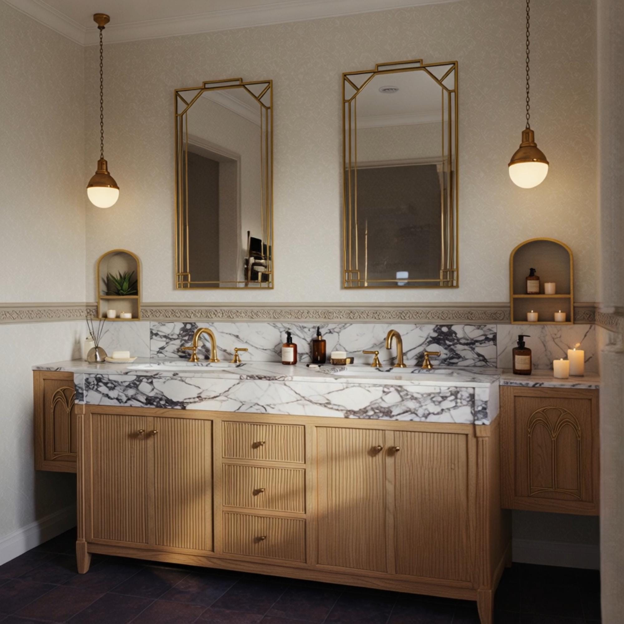 A double vanity with Calacatta Viola marble top and fluted oak cabinetry, highlighting balanced proportions and rich natural materials.
