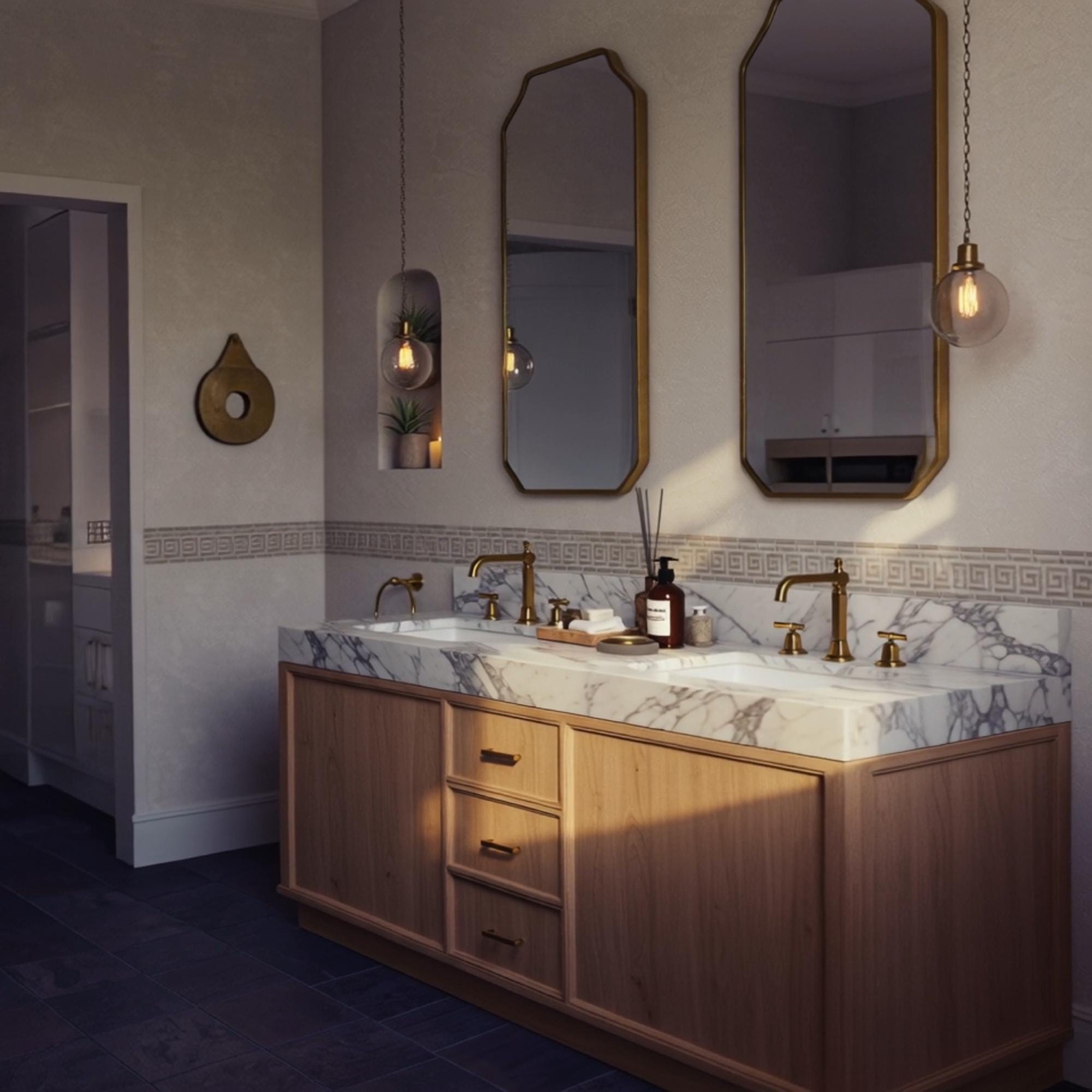 A double vanity with Calacatta Viola marble top and natural oak cabinetry, highlighting clean lines and balanced proportions.
