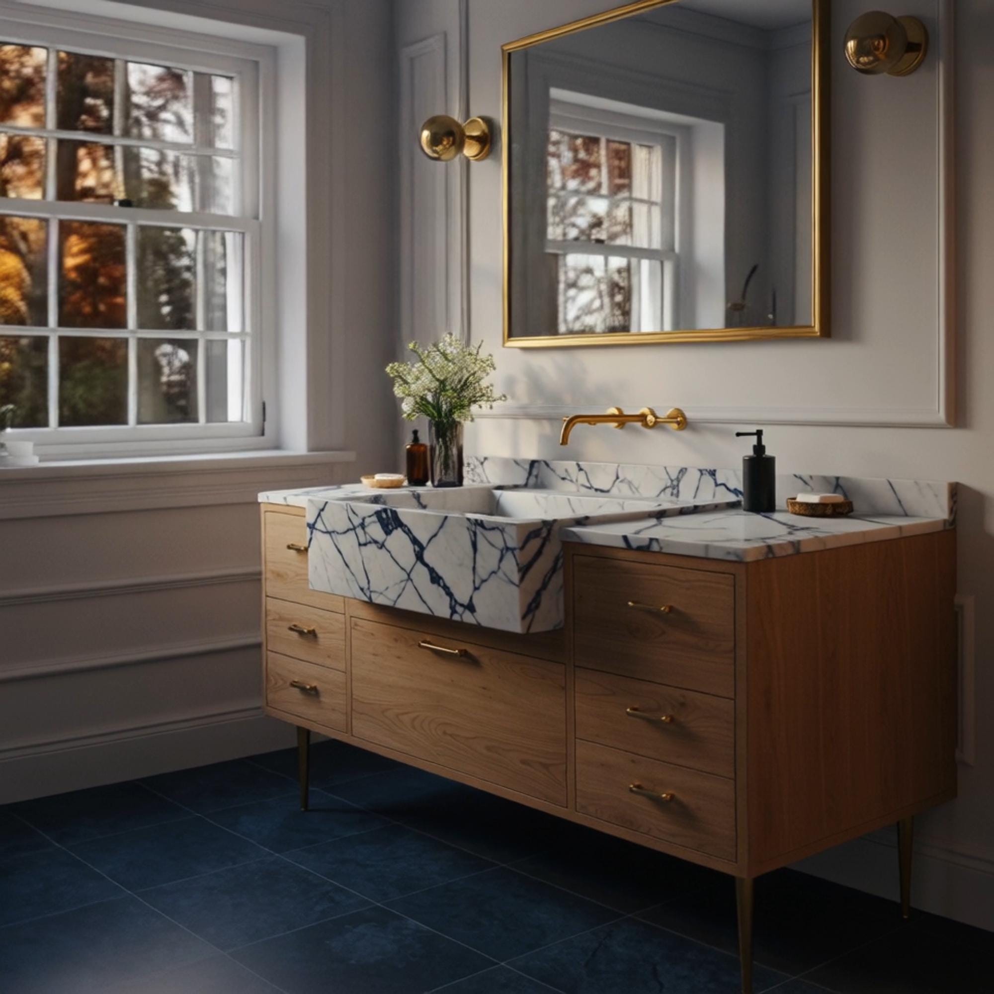 A Calacatta Viola marble farmhouse vanity styled with an apron sink, warm oak drawers, and classic brass fixtures.
