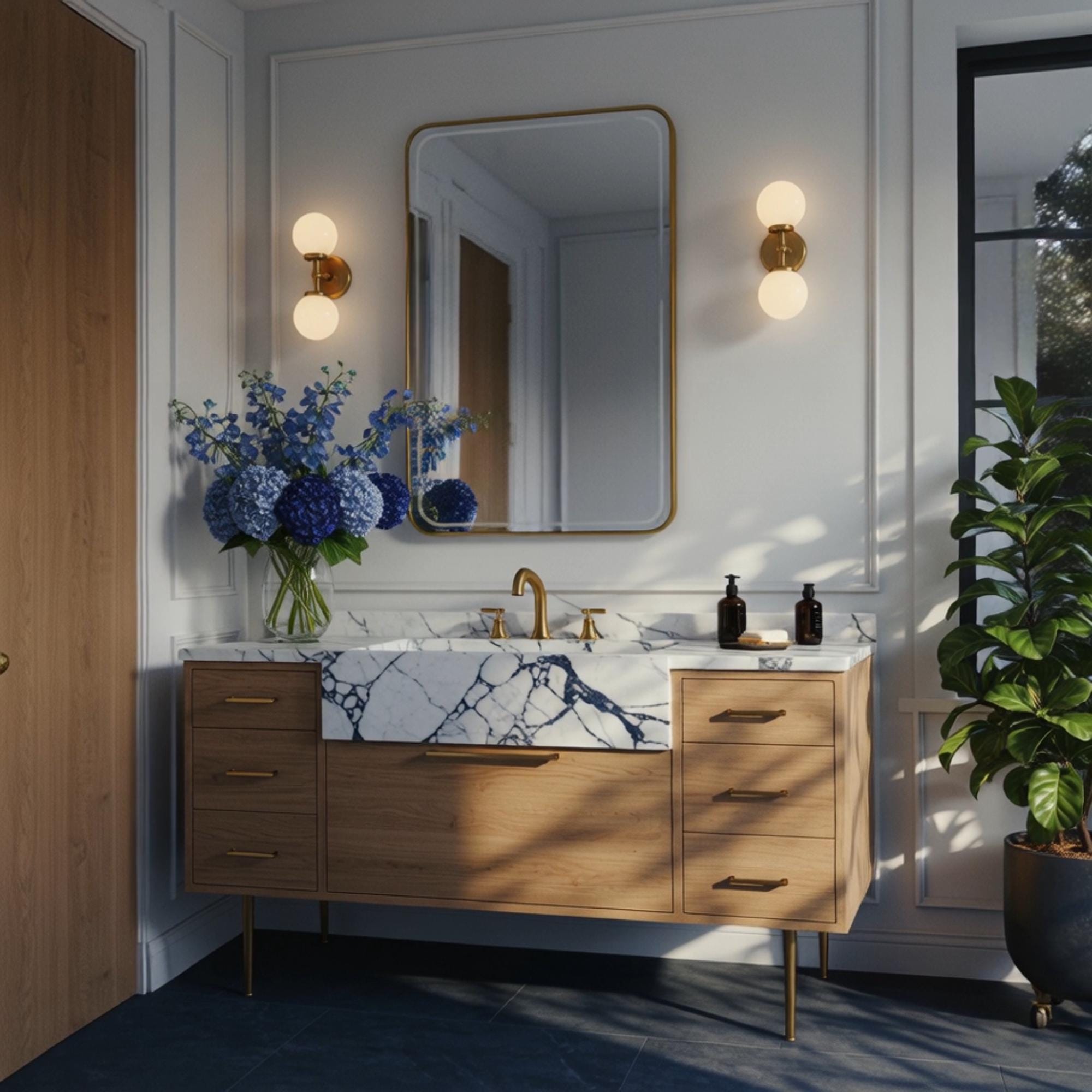 A rectangular apron-front Calacatta Viola marble vanity paired with an oak cabinet, offering a timeless and architectural bathroom statement.

