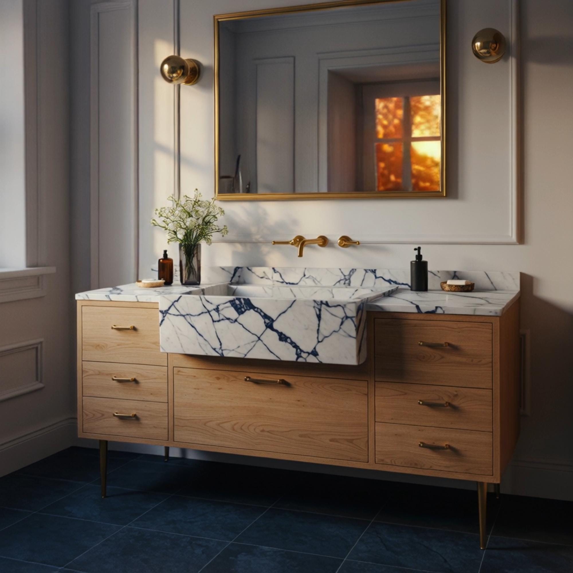 A Calacatta Viola marble farmhouse vanity crafted from natural stone, combining an apron sink with a refined oak cabinet in a luxury bathroom.

