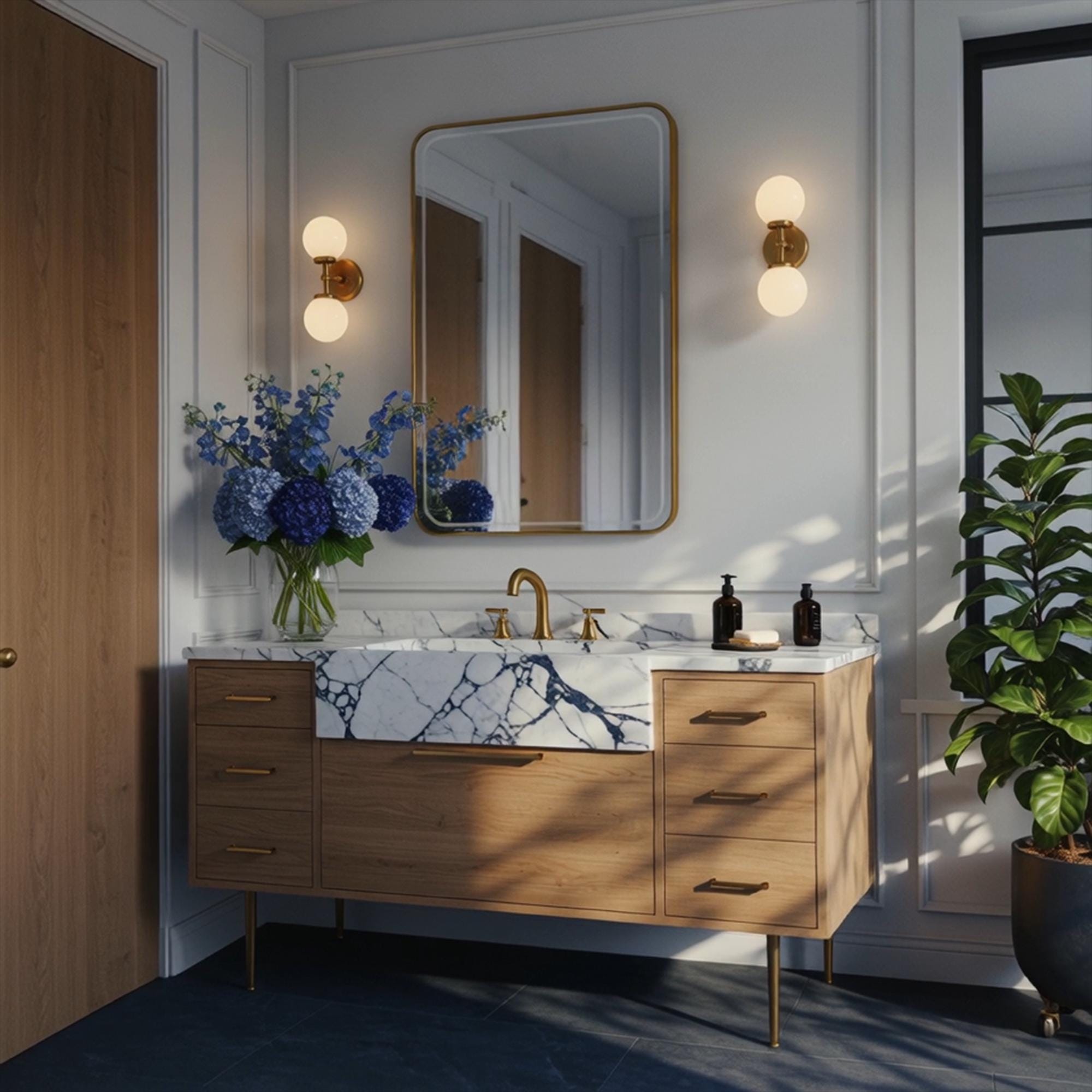 A sculptural Calacatta Viola farmhouse vanity with a rectangular apron-front design, balancing bold veining and warm oak tones.
