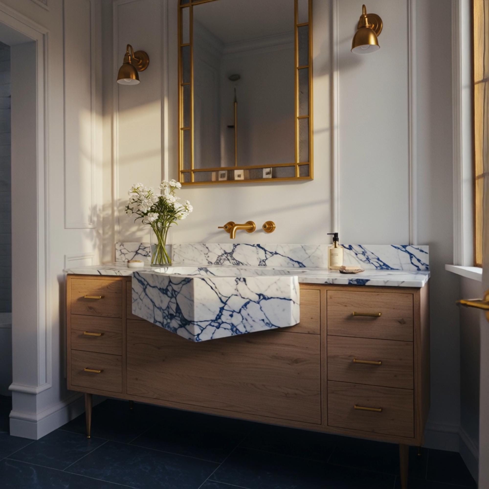 A Calacatta Viola geometric vanity styled with an apron-front sink, oak drawers, and soft brass accents in a classic interior.
