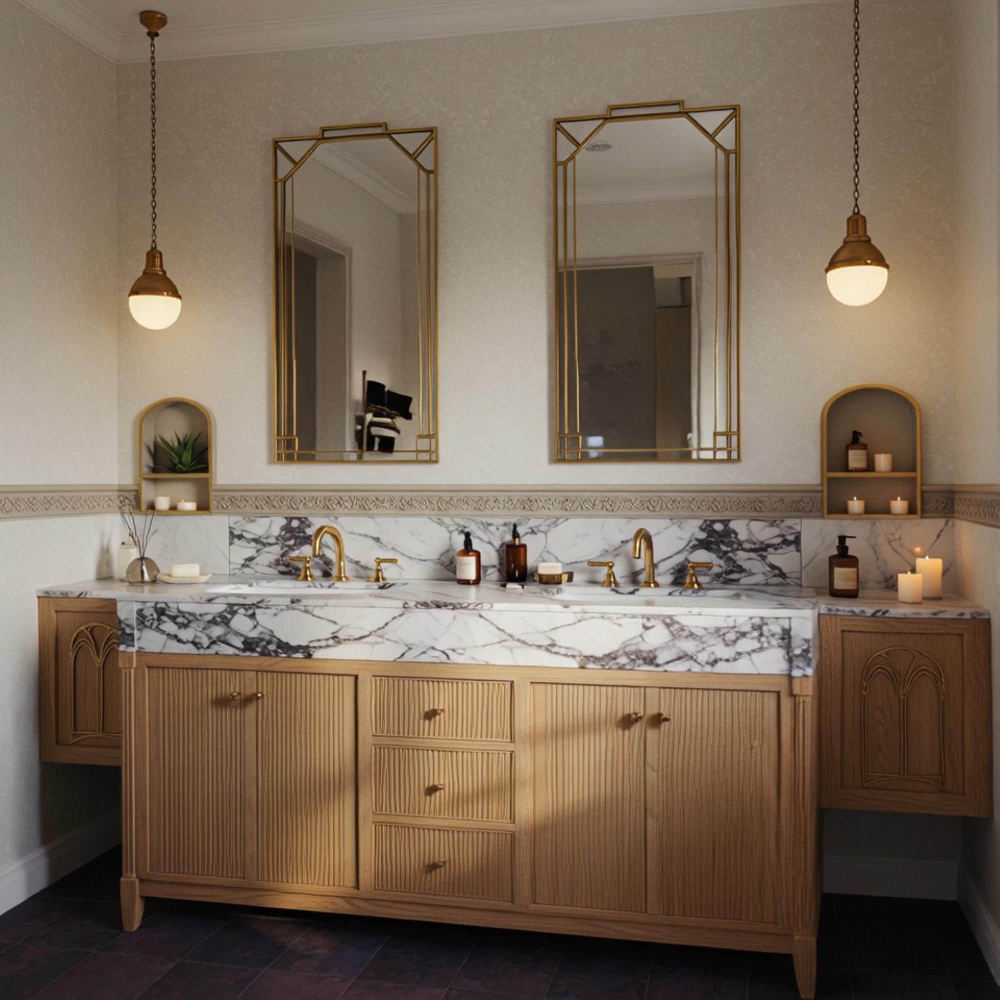 A sculptural Calacatta Viola marble double vanity paired with a fluted oak cabinet, offering a timeless and elegant bathroom design.
