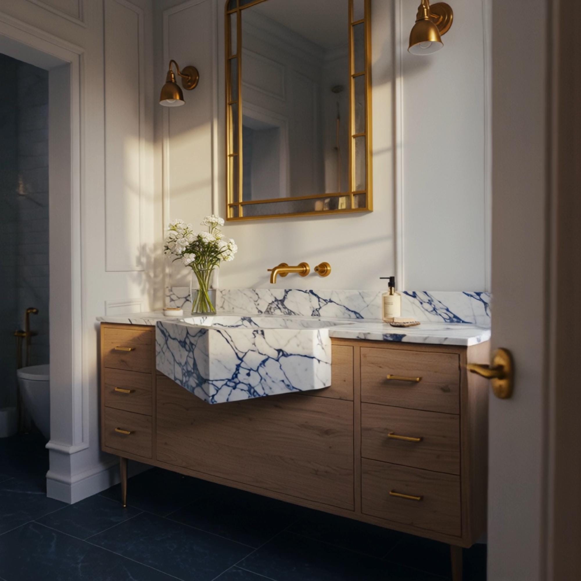 A sculptural Calacatta Viola farmhouse vanity with a bold V-shaped apron, balancing strong geometry with warm wood tones.
