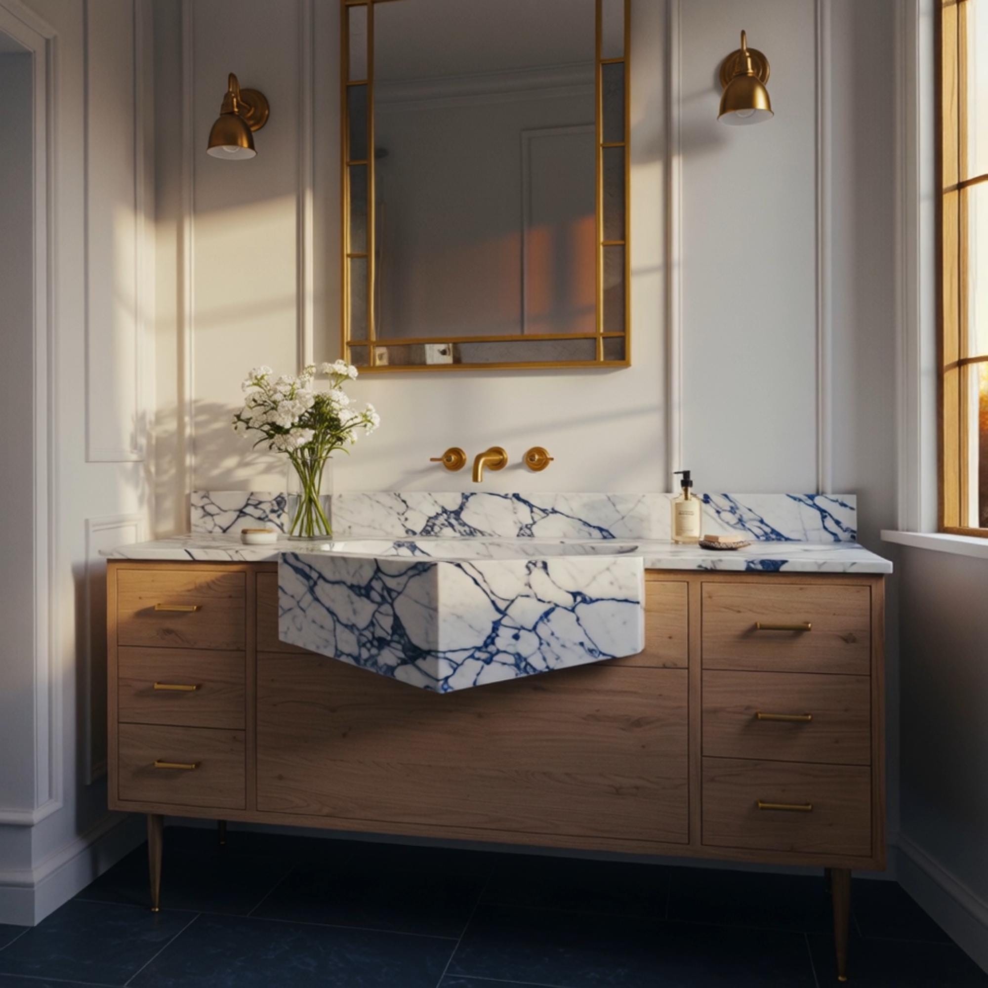 A V-shaped Calacatta Viola marble farmhouse vanity paired with an oak cabinet, offering a timeless and architectural bathroom statement.
