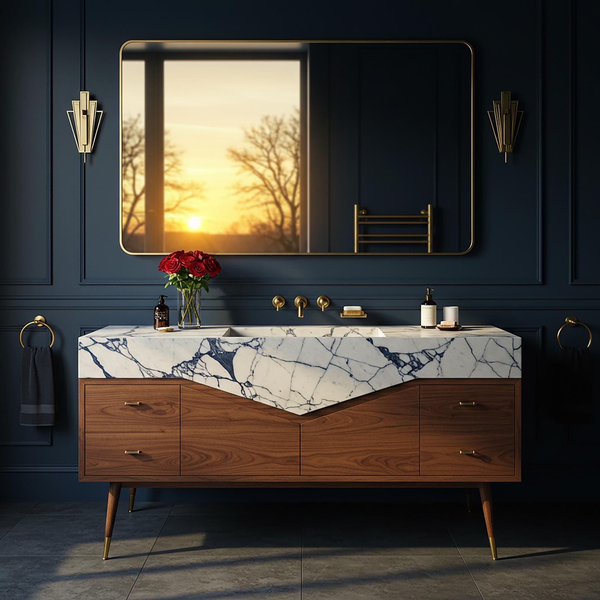 A V-shaped Calacatta Viola marble vanity paired with a walnut cabinet, offering a timeless mid-century modern bathroom statement.
